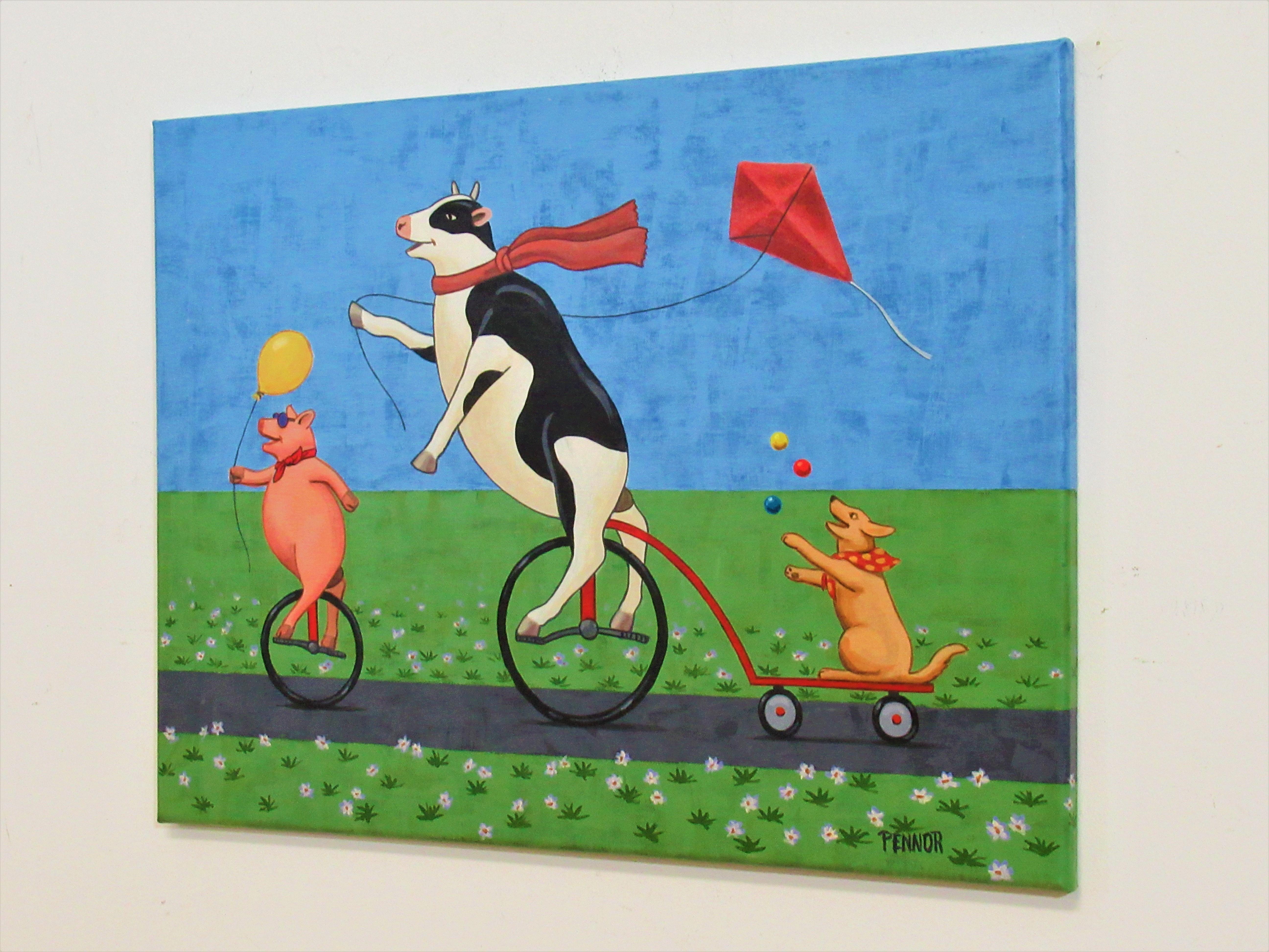 Fun Time, Original Painting - Blue Animal Painting by Carolyn Pennor