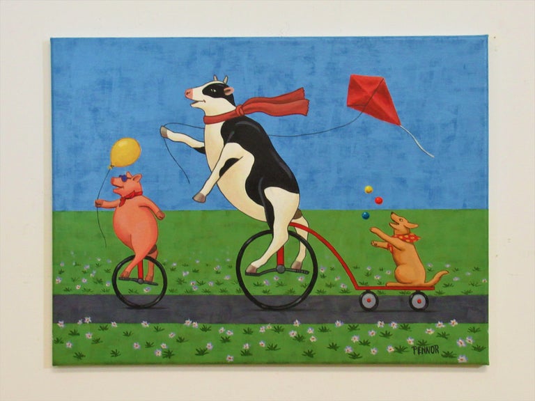 <p>Artist Comments<br>Artist Carolyn Pennor paints a jubilant scene of farm animals in unicycles. A pig, cow, and dog whimsically ride down the road carrying a balloon, kite, and juggling balls. She paints the playful piece in bright harmonious