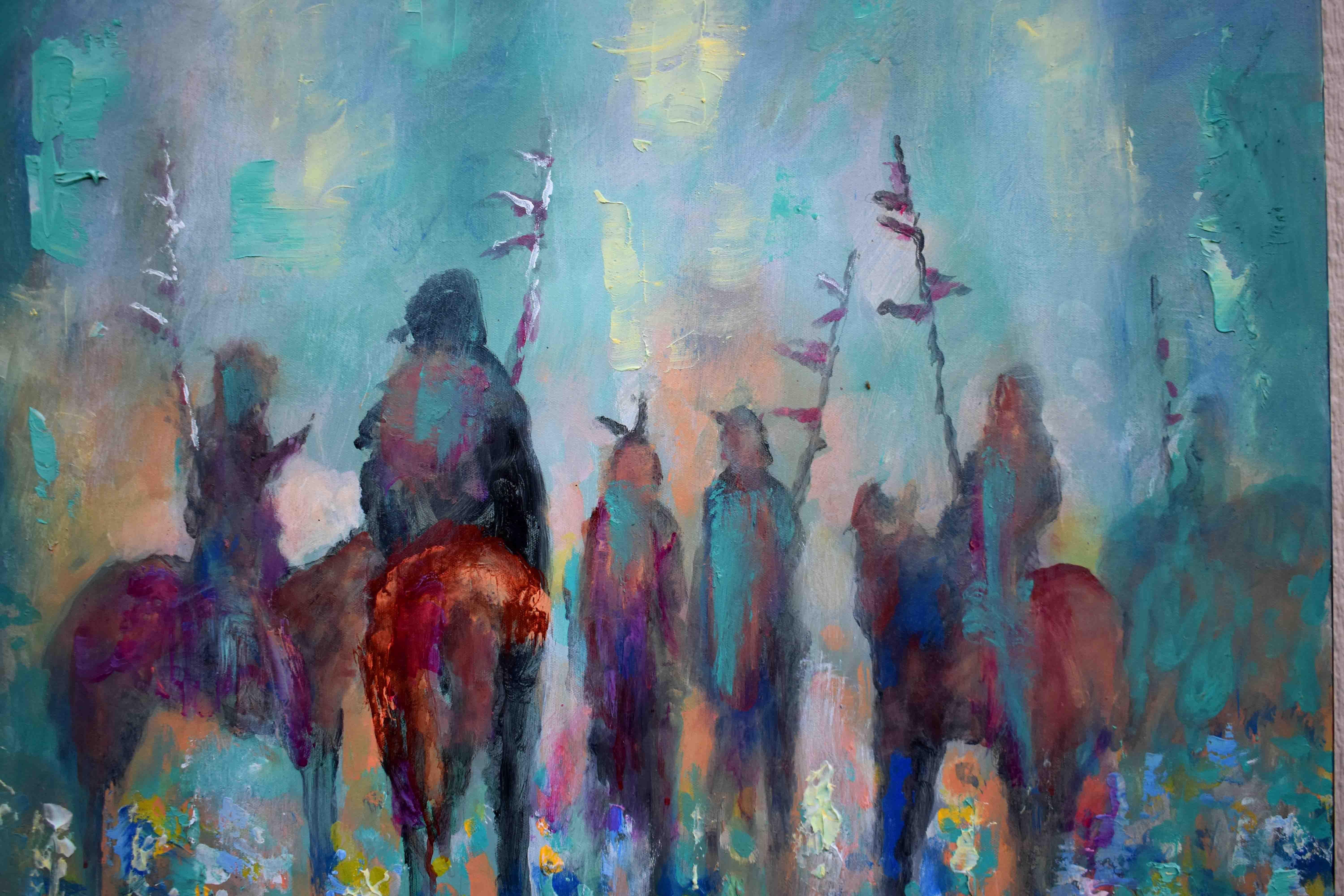 <p>Artist Comments<br>Silhouettes of a group of Native Americans come together in artist Kip Decker's primitive painting. The figures gather and decide upon a common matter. Kip uses moody shades of blue to depict the dramatic scene. Free-hand