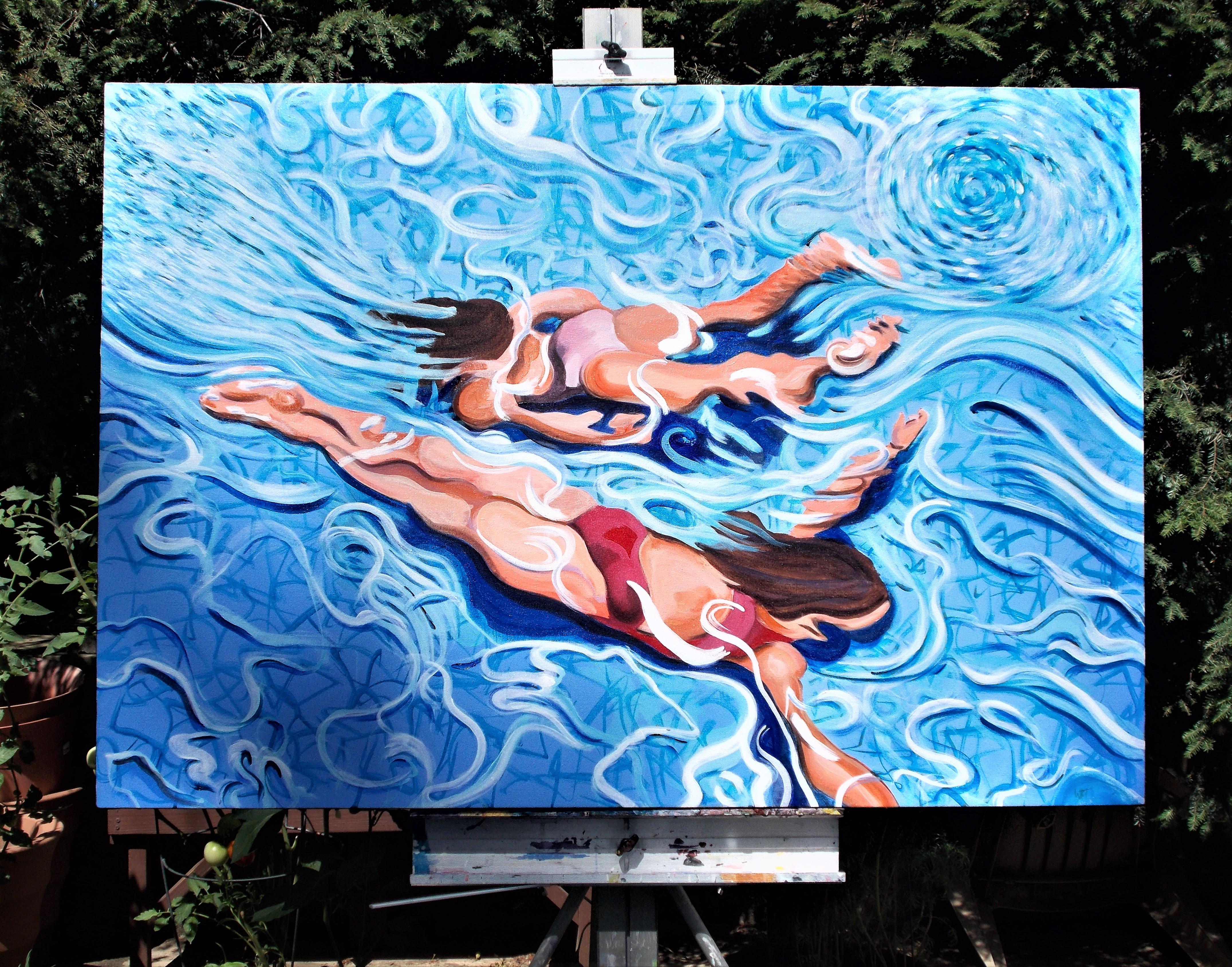 <p>Artist Comments<br>Two women take a refreshing dip in the pool in artist Benjamin Thomas' expressionist piece. He paints the pristine waters with repeated swirling semi-abstract elements. 