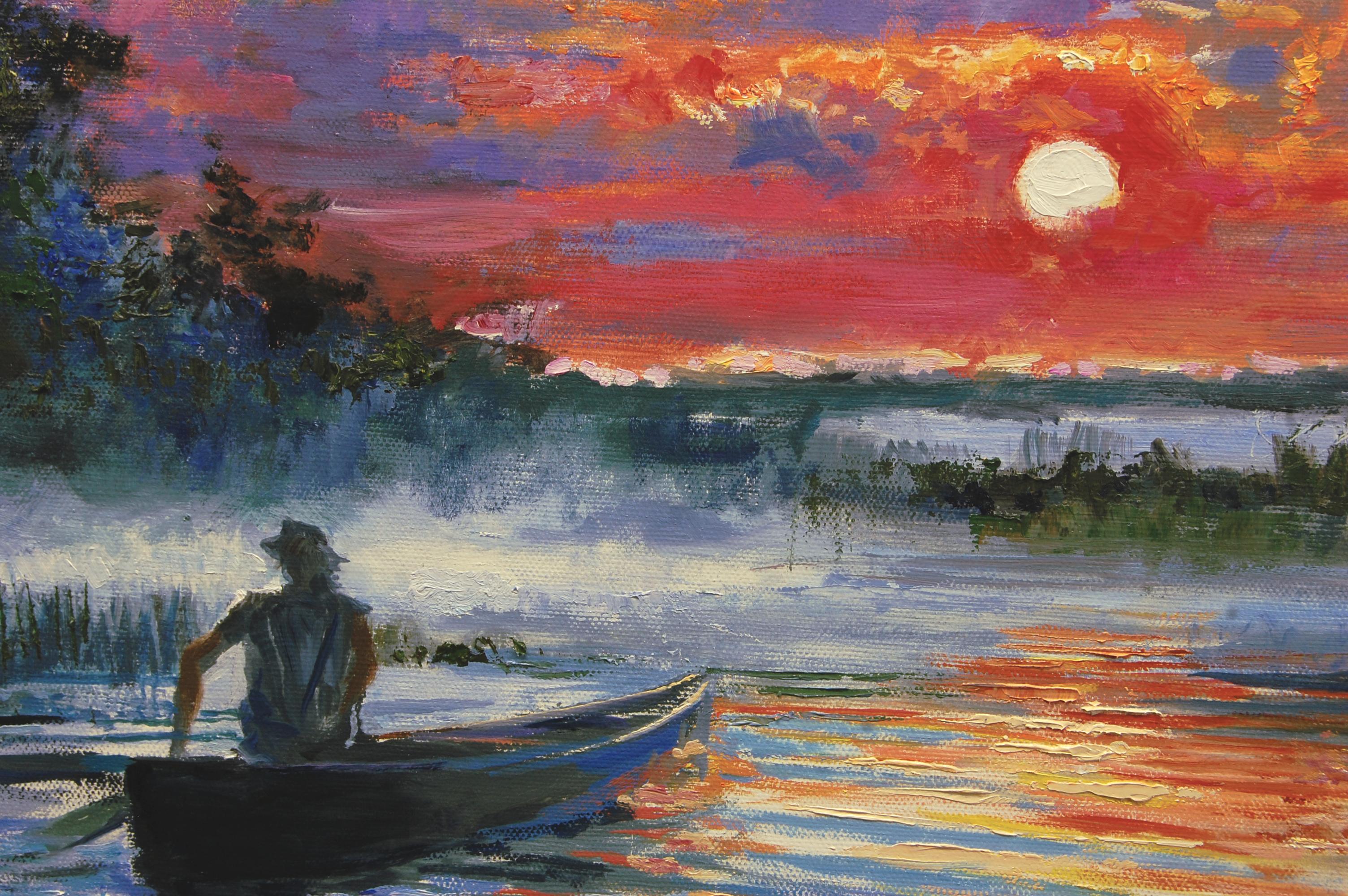 <p>Artist Comments<br>Artist Onelio Marrero paints a canoeist greeting the dawn in the New Jersey Pine Barrens. A dramatic sky unfolds, revealing the colors and warmth of a brilliant morning. Remnants of the evening's mist slowly vaporize from the