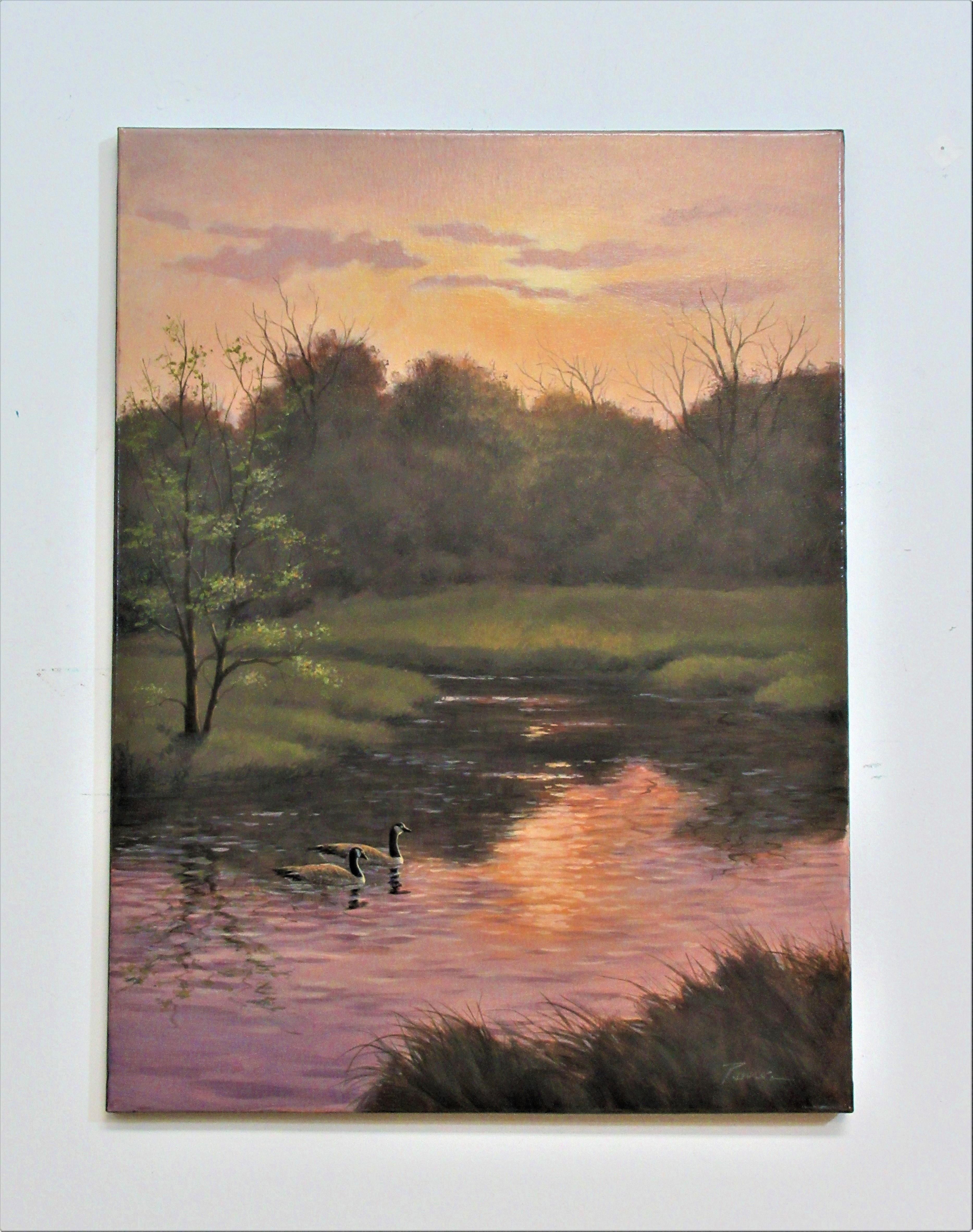 <p>Artist Comments<br>Artist Robert Pennor demonstrates an impressionist scene of the tranquil end of a river. Soft, harmonious colors blend with the glow of the warm setting sun. A pair of Canadian geese peacefully float along the gentle stream.