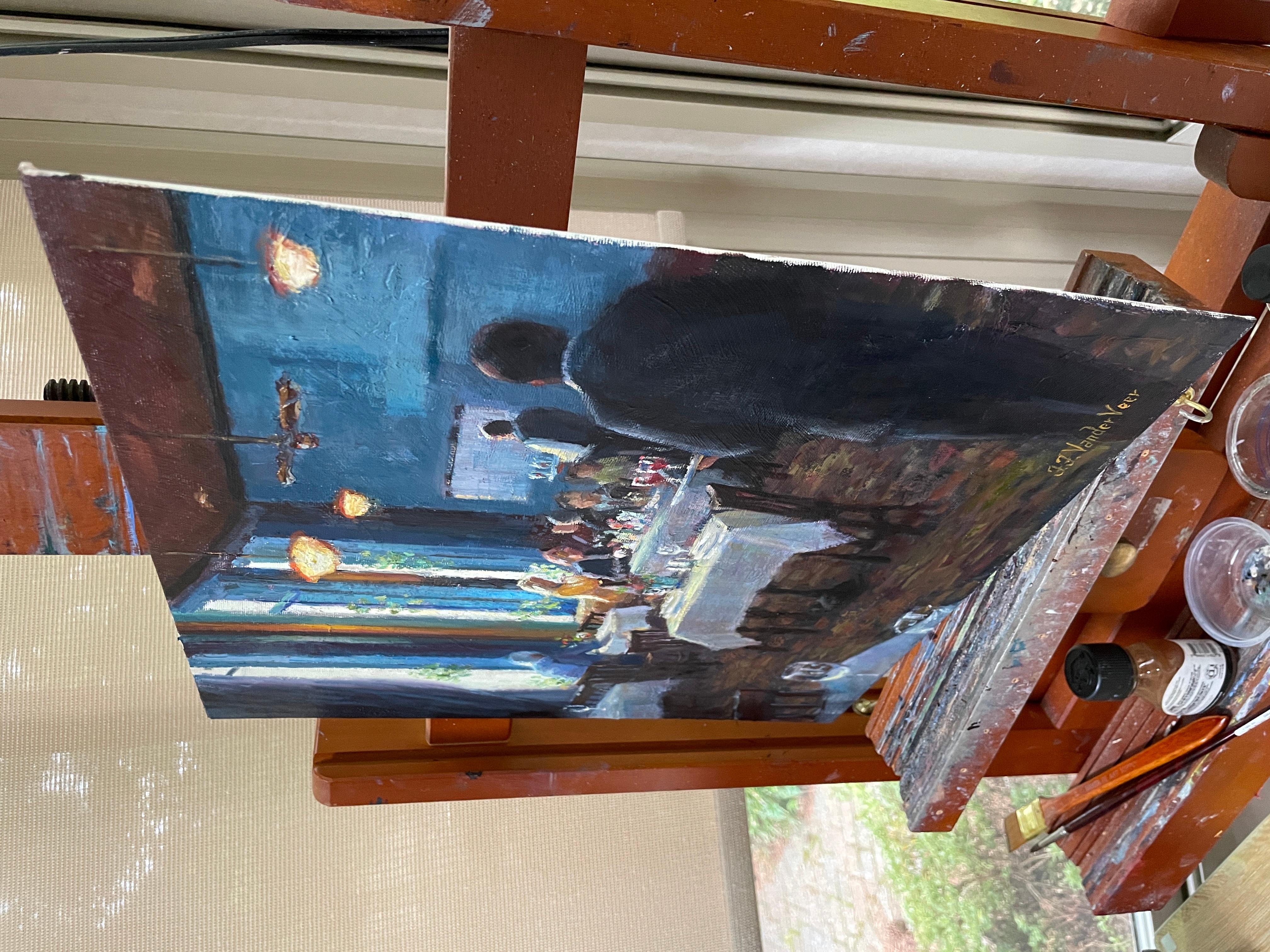 Une table par la fenêtre, peinture à l'huile - Painting de Faye Vander Veer