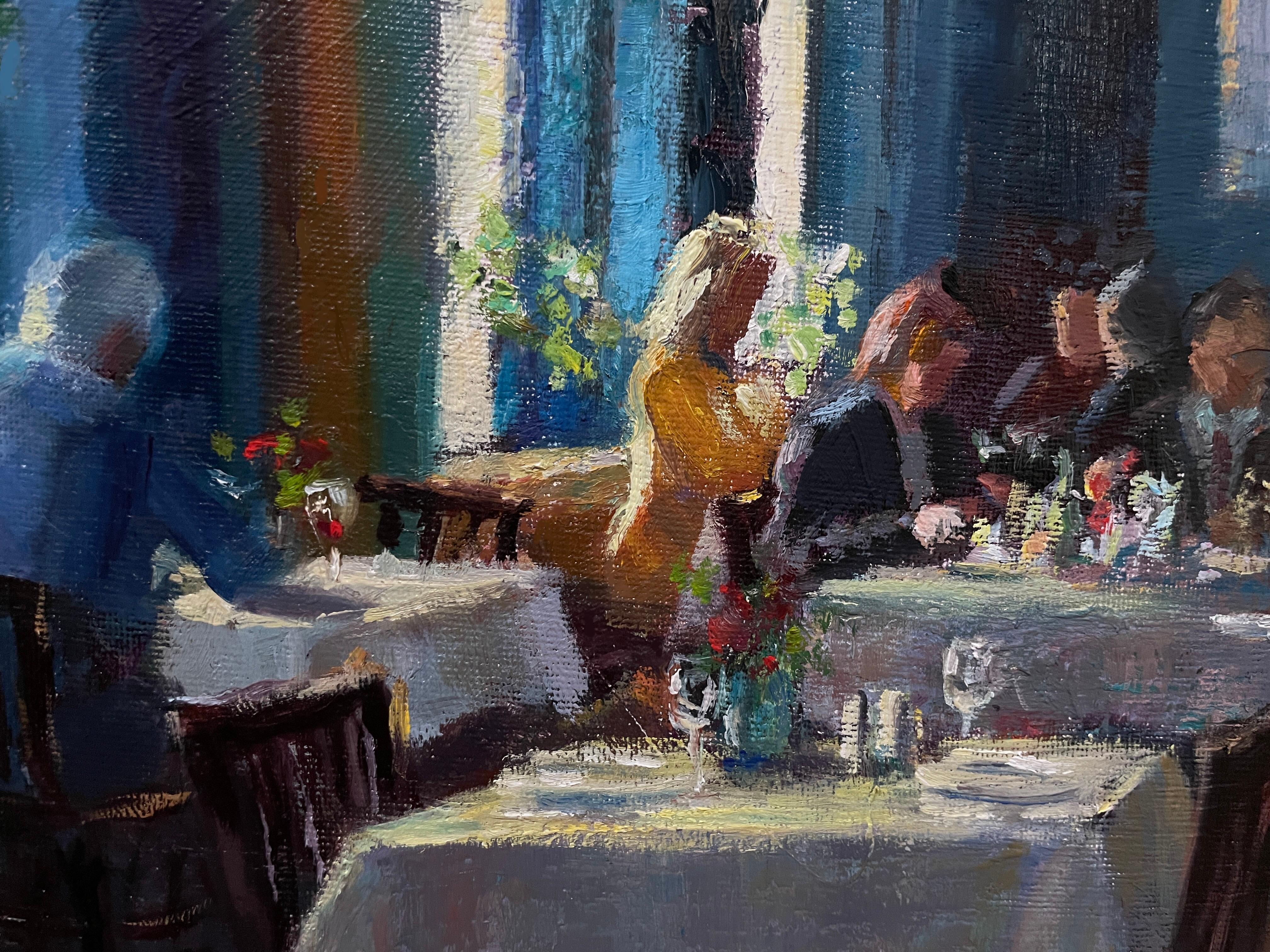 Un tavolo vicino alla finestra, pittura a olio - Figurative Painting Nero di Faye Vander Veer