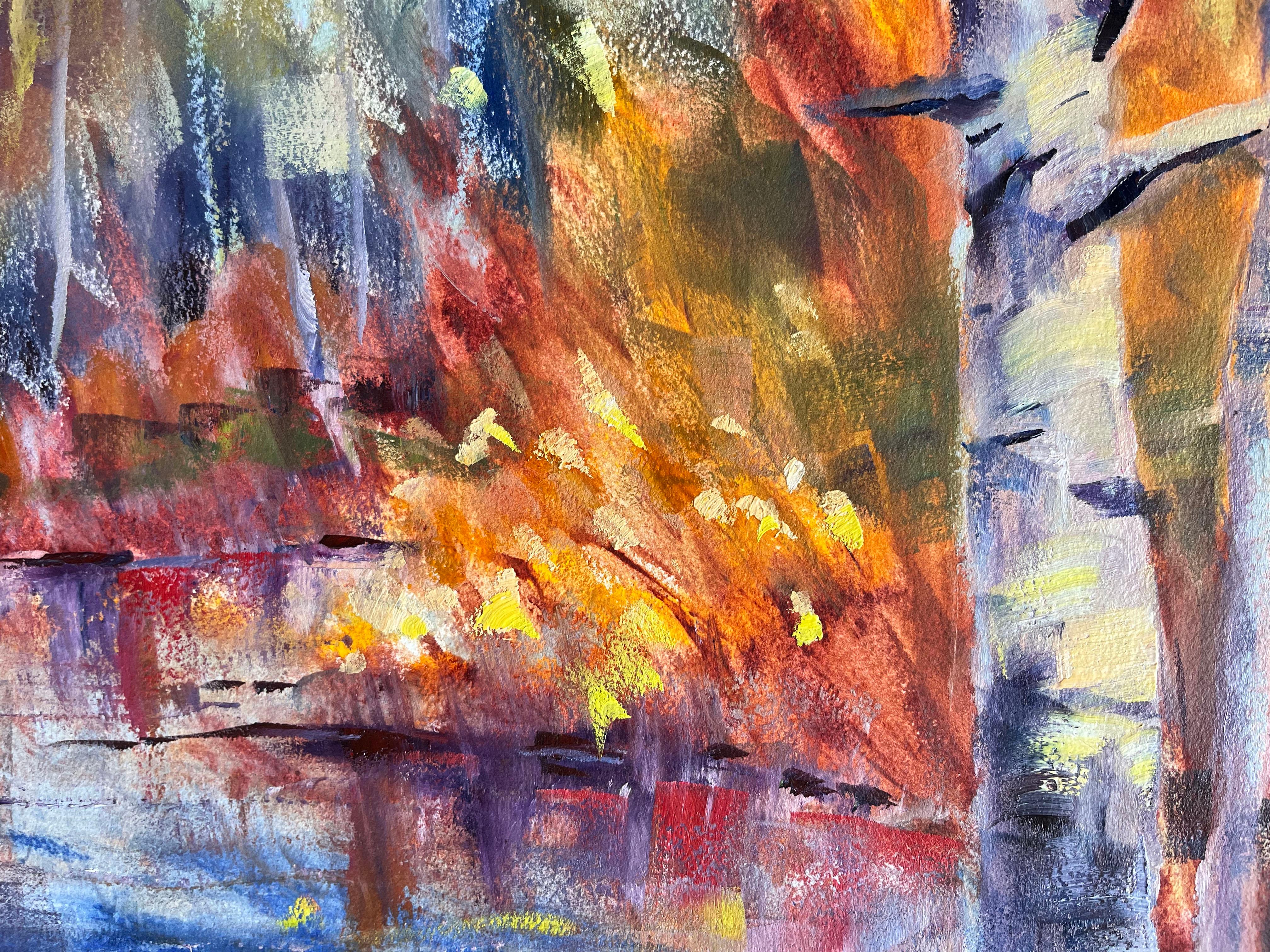 <p>Commentaires de l'artiste<br>L'artiste Melissa Gannon projette un paysage forestier expressionniste dans des teintes prismatiques vives. Des nuances d'orange vif, de rouge et de jaune emplissent la pièce d'énergie. Melissa fait preuve d'une