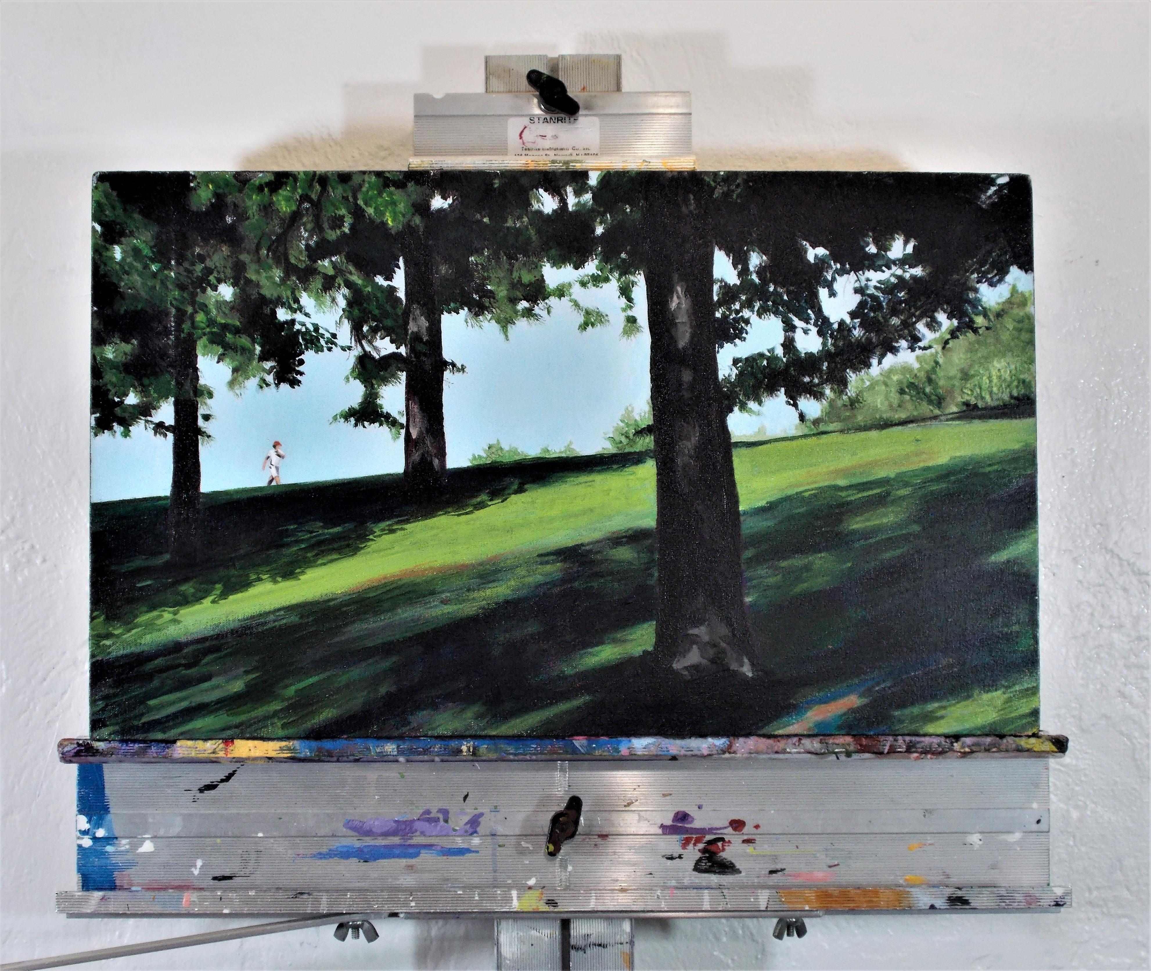 <p>Artist Comments<br>Artist Benjamin Thomas displays an impressionist landscape of hillside trees. A man in white walks in the distance of the vast sloping field. 