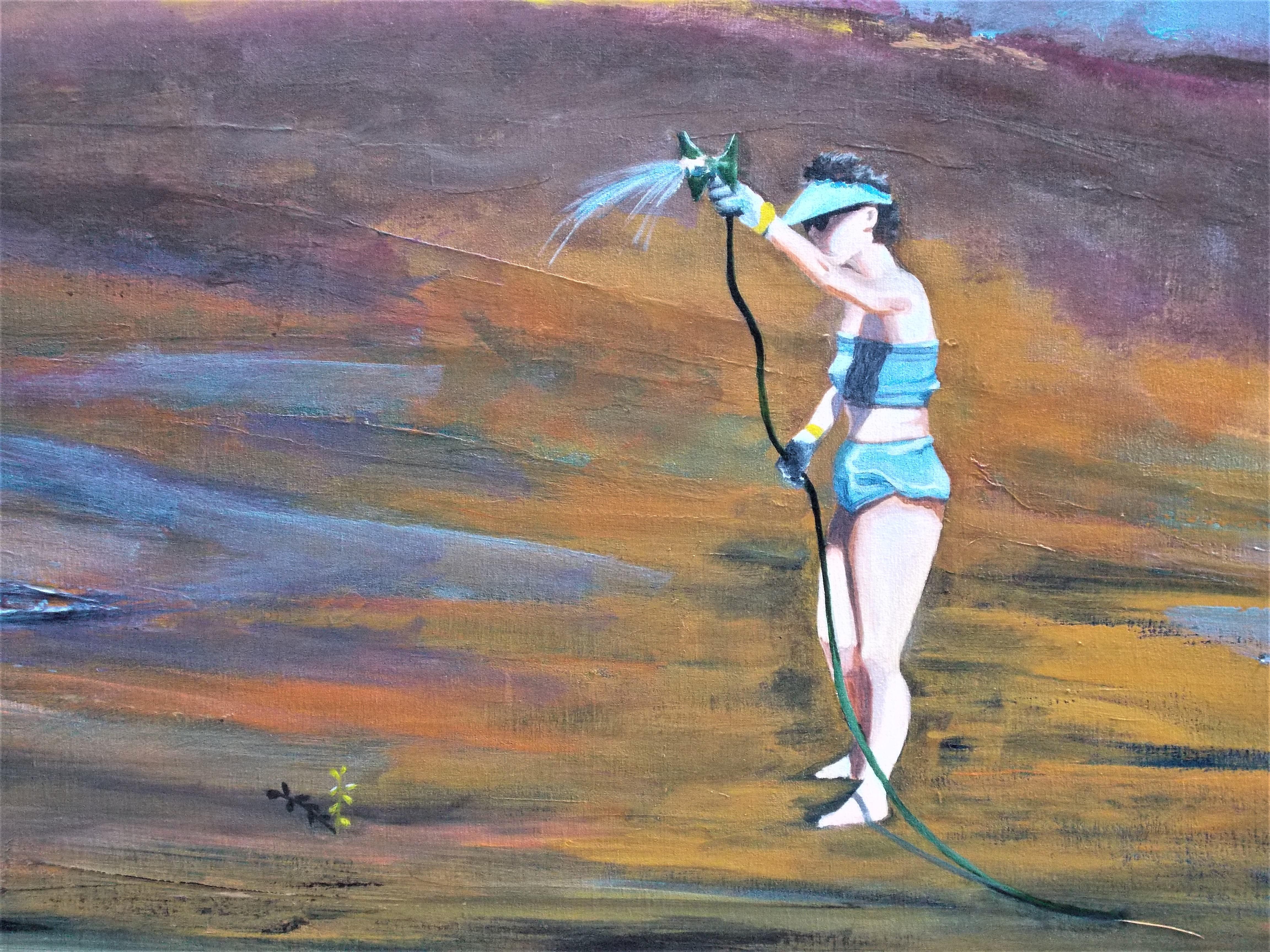 <p>Artist Comments<br>A woman waters a tiny plant in a vast landscape of empty terrain in artist Benjamin Thomas's impressionist piece. The subject casually gardens against a contradictory background. 