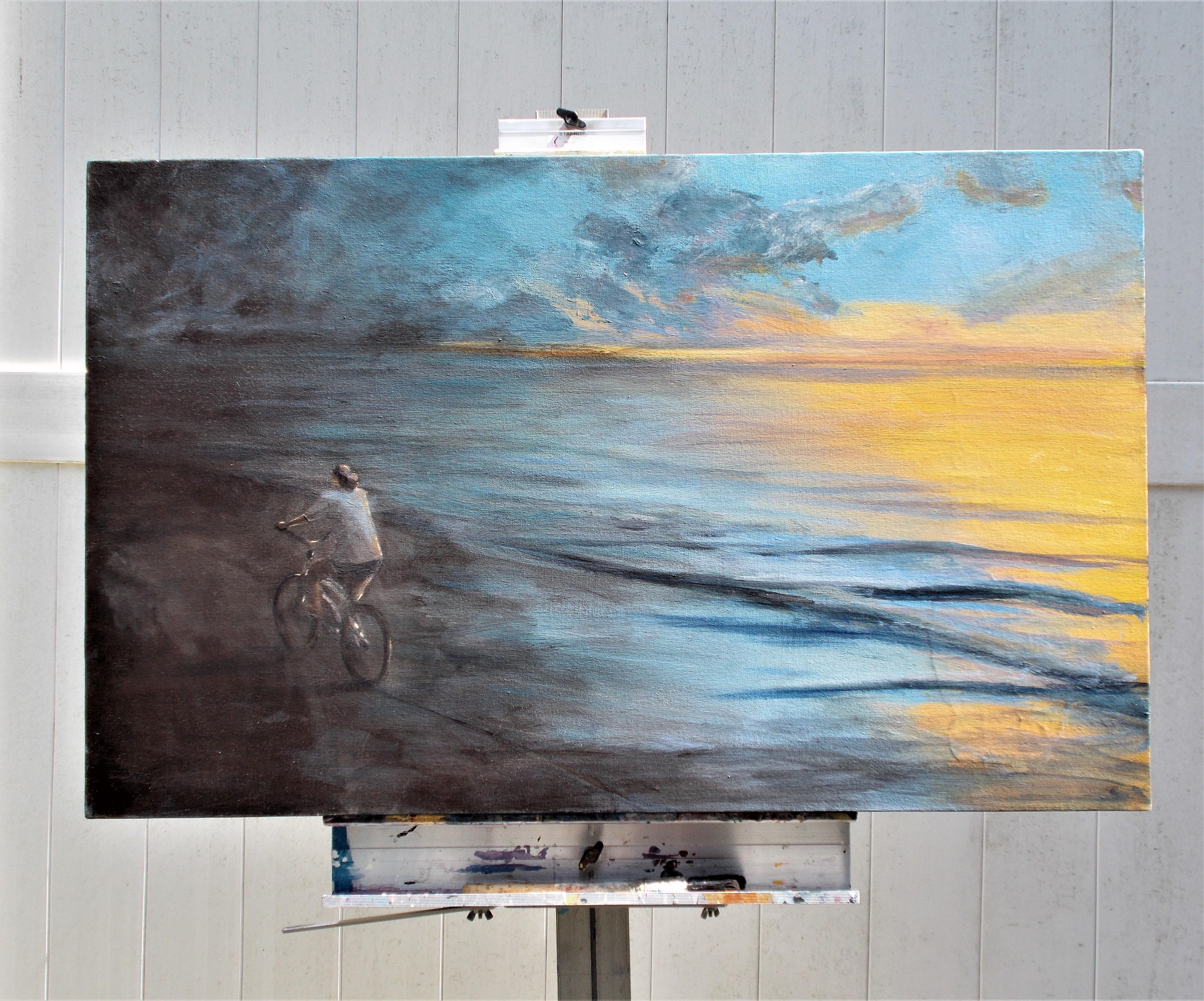 <p>Artist Comments<br>The last rays of sunset illuminate the ocean in artist Benjamin Thomas's seascape. The tides transition from a cool refreshing cerulean to warm glowing amber. A lone biker rides along the damp coastline leaving tracks on the