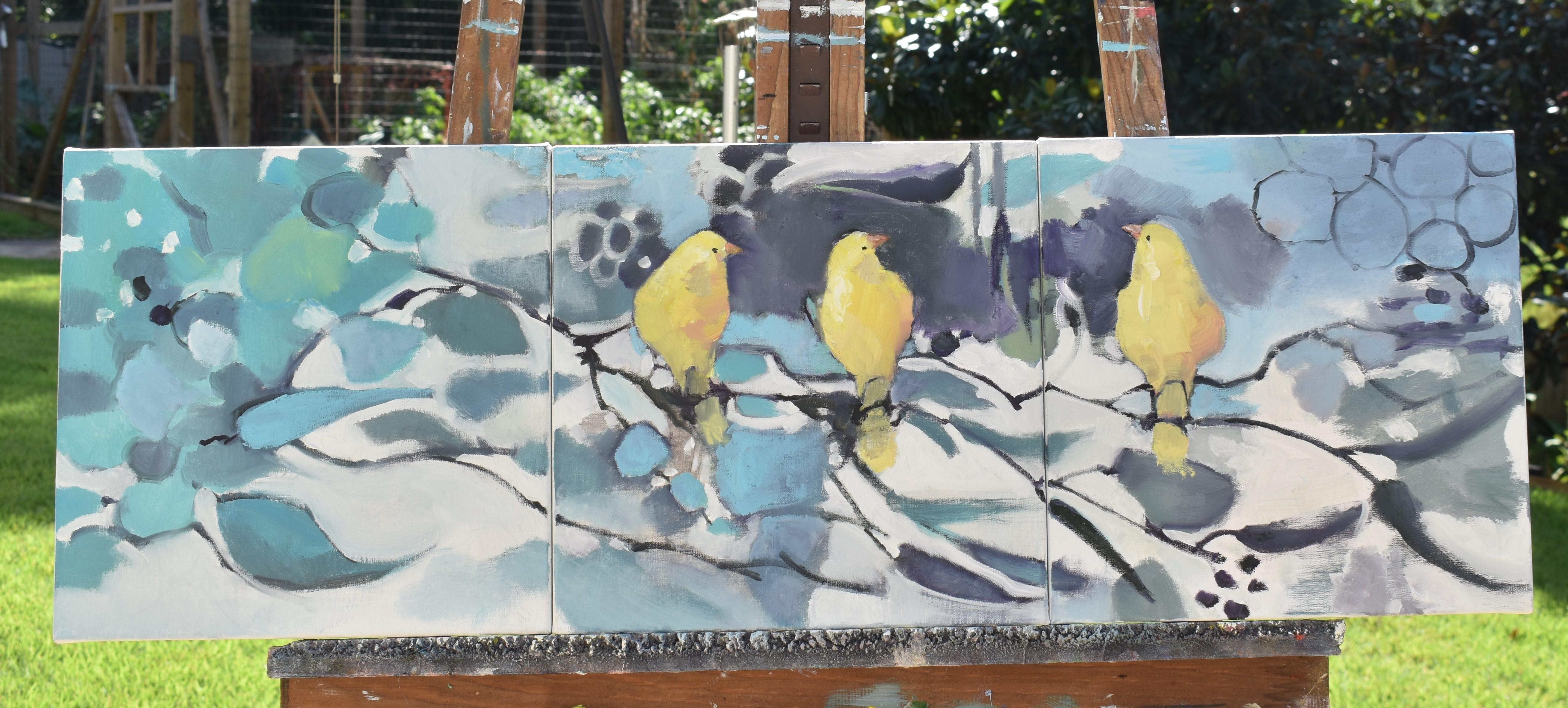 <p>Artist Comments<br>Artist Mary Pratt paints impressionist yellow birds in situ of a leafy tree-like habitat. The triptych displays three avian friends calmly perching as the snow starts to fall. 