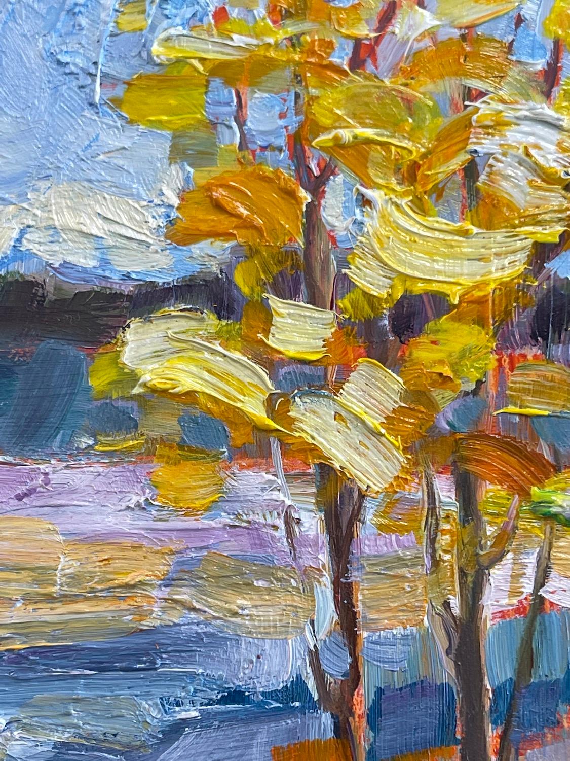 Peinture à l'huile d'Aspen Grove - Gris Landscape Painting par Teresa Smith