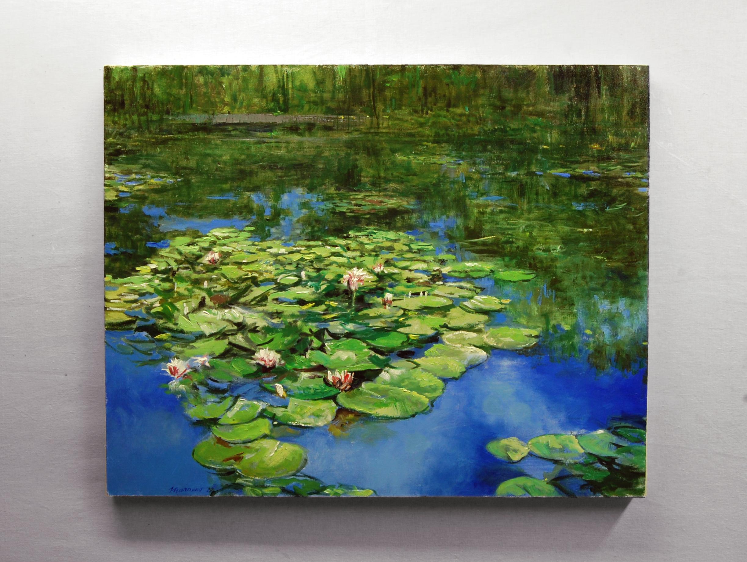 Pink Water Lilies: August, Oil Painting - Abstract Impressionist Art by Onelio Marrero
