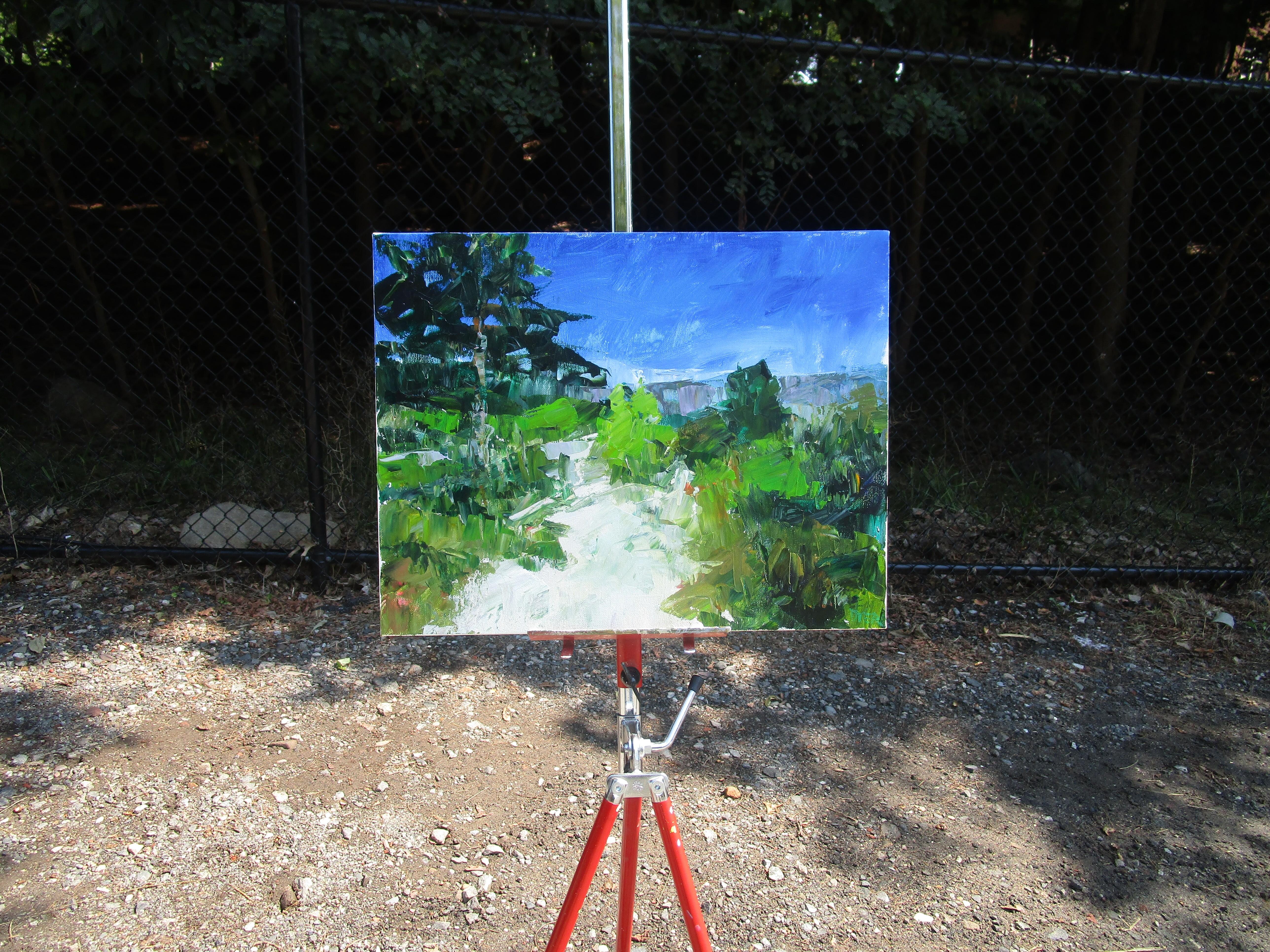 <p>Artist Comments<br>Artist Janet Dyer displays an expressive landscape of the highlands of France. Towering green trees stand against the azure skyline. 