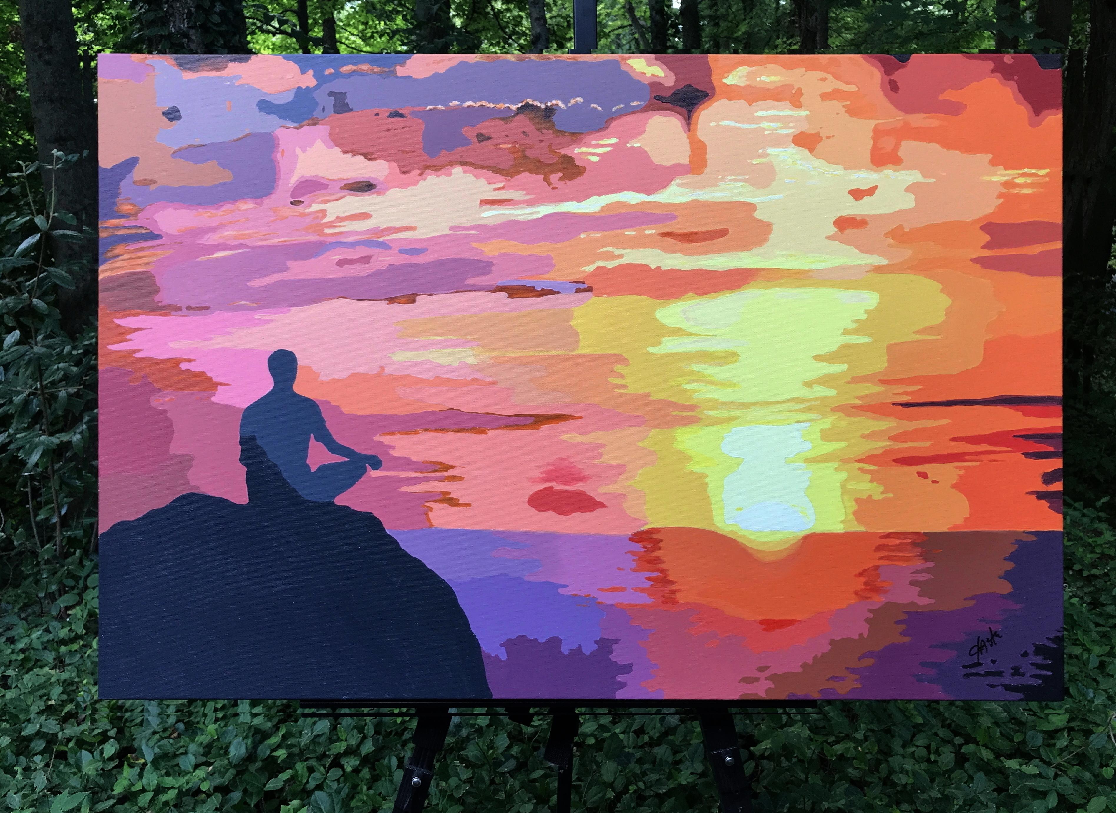 <p>Artist Comments<br>Artist John Jaster paints an introspective skyscape in brilliant colors. The blazing tones of a sunset explode on the fiery horizon. A silhouette of a man meditating on a boulder sits in the foreground. He contemplates the