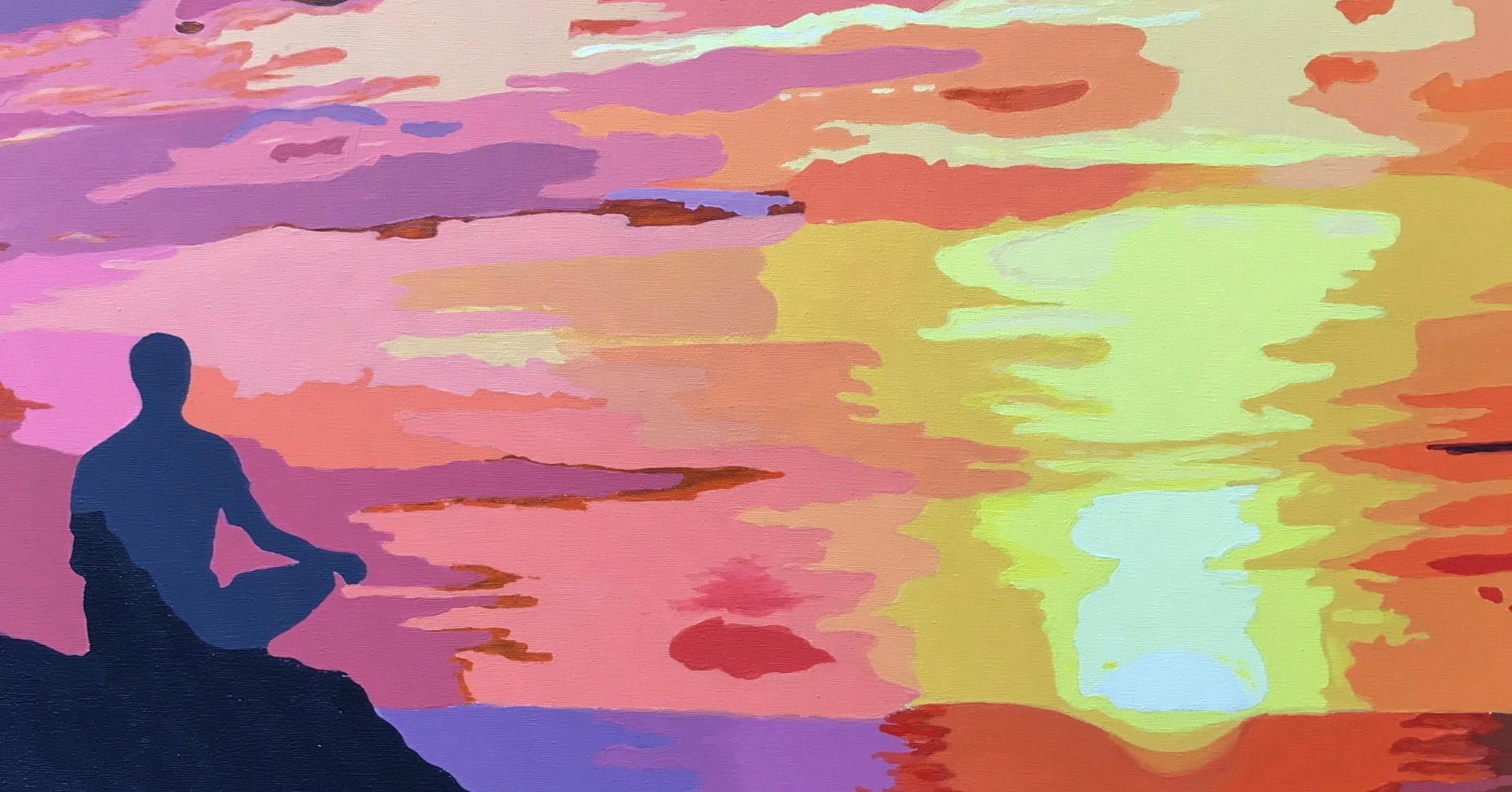Méditations au coucher d'un soleil, peinture originale - Rose Landscape Painting par John Jaster
