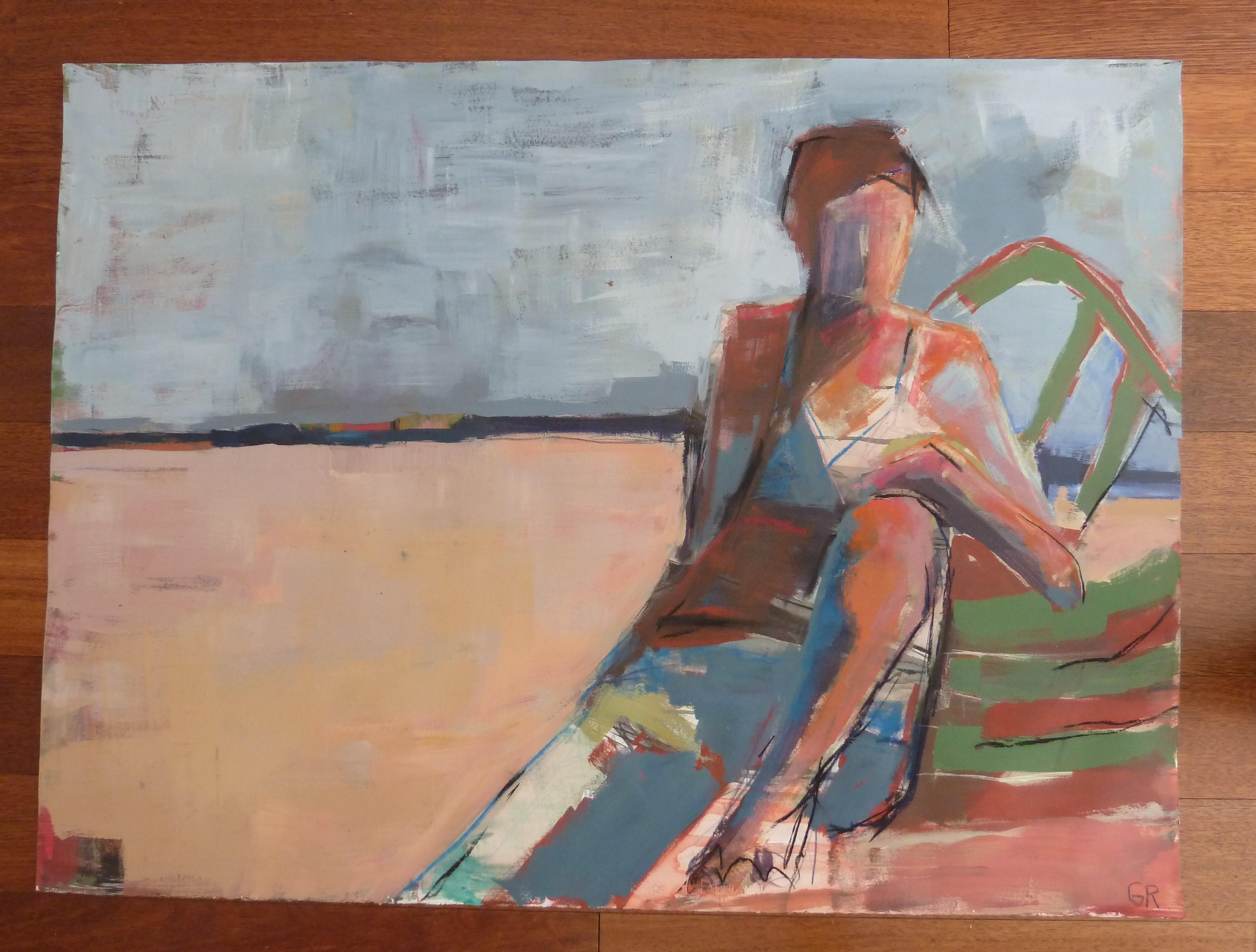 <p>Commentaires de l'artiste<br>Dans l'œuvre figurative de l'artiste Gail Ragains, une femme prend un peu de repos sur la plage. Elle s'allonge confortablement sur une chaise verte, dans un mélange de marques gestuelles au sein d'une composition