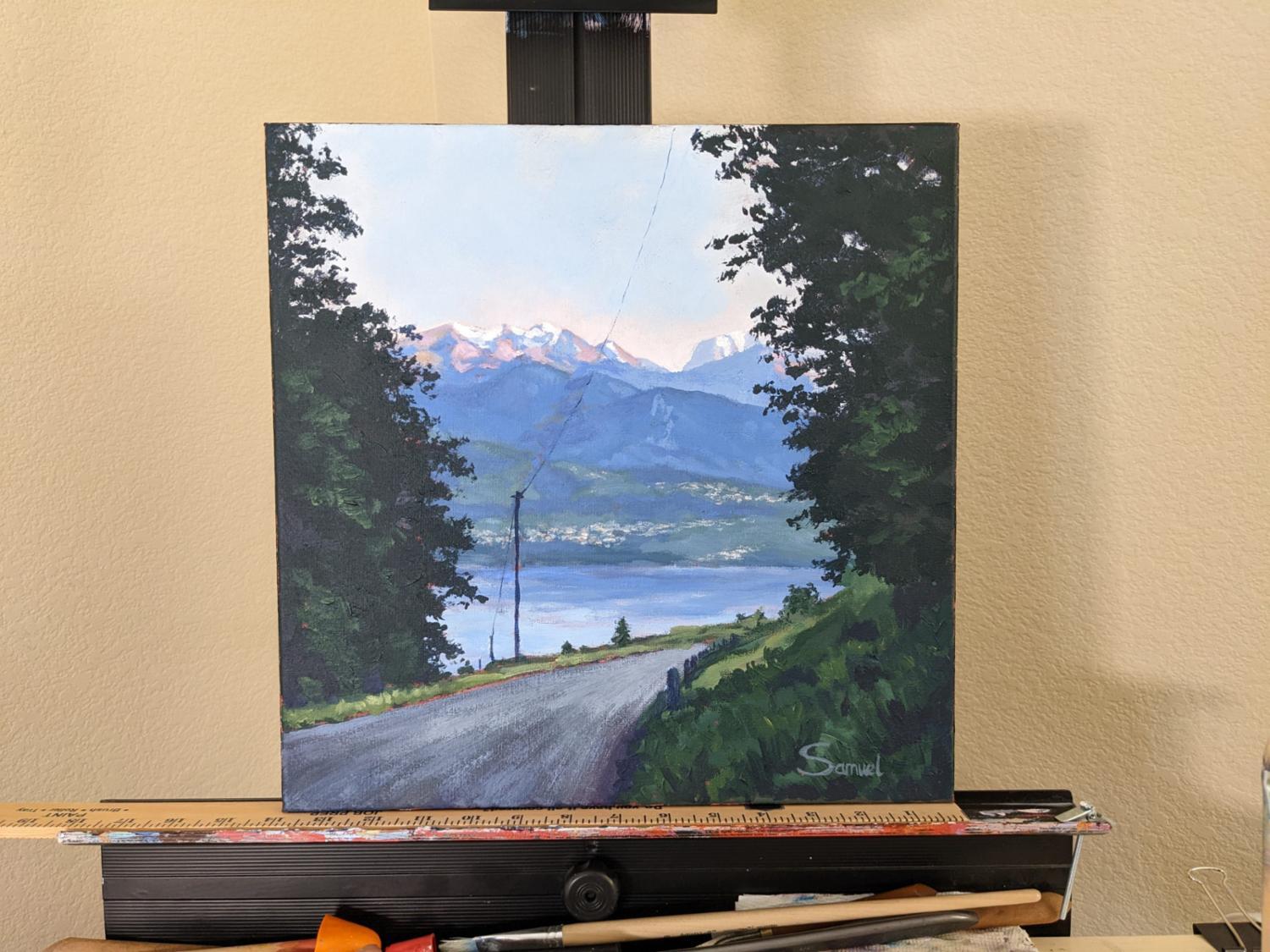 <p>Artist Comments<br />Artist Samuel Pretorius depicts a breathtaking view of Switzerland's famed Lake Thun. A stunning landscape comes into view from a turn in the route. Snowcapped mountains tuck away in the misty background of a small village.