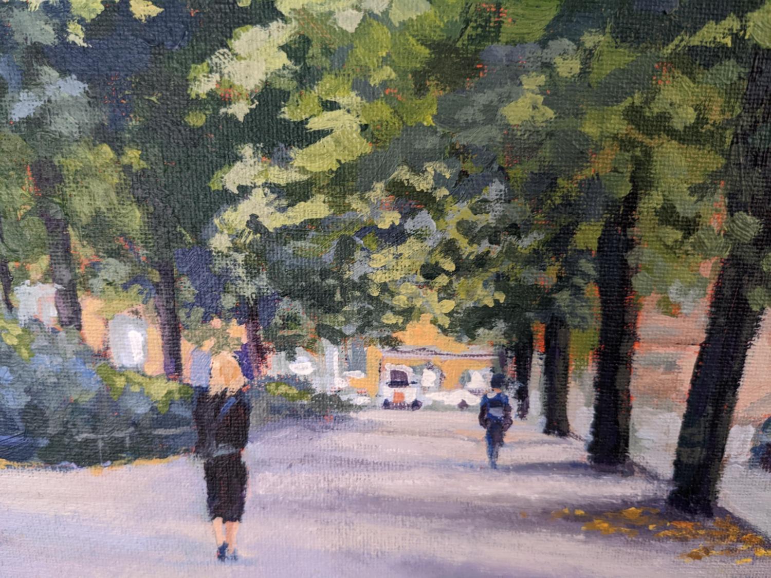 Quiet Walk in the Park on a Tuesday in Stockholm, Original Painting - Gray Landscape Painting by Samuel Pretorius