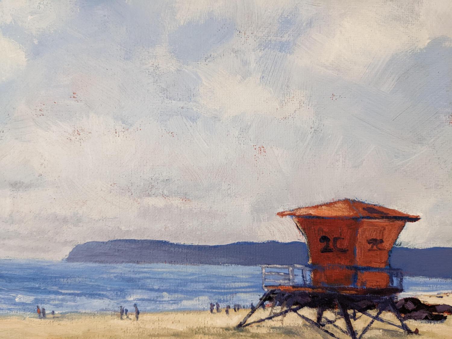 Sunny Coronado Beach and Lifeguard Tower, Original Painting - Abstract Impressionist Art by Samuel Pretorius