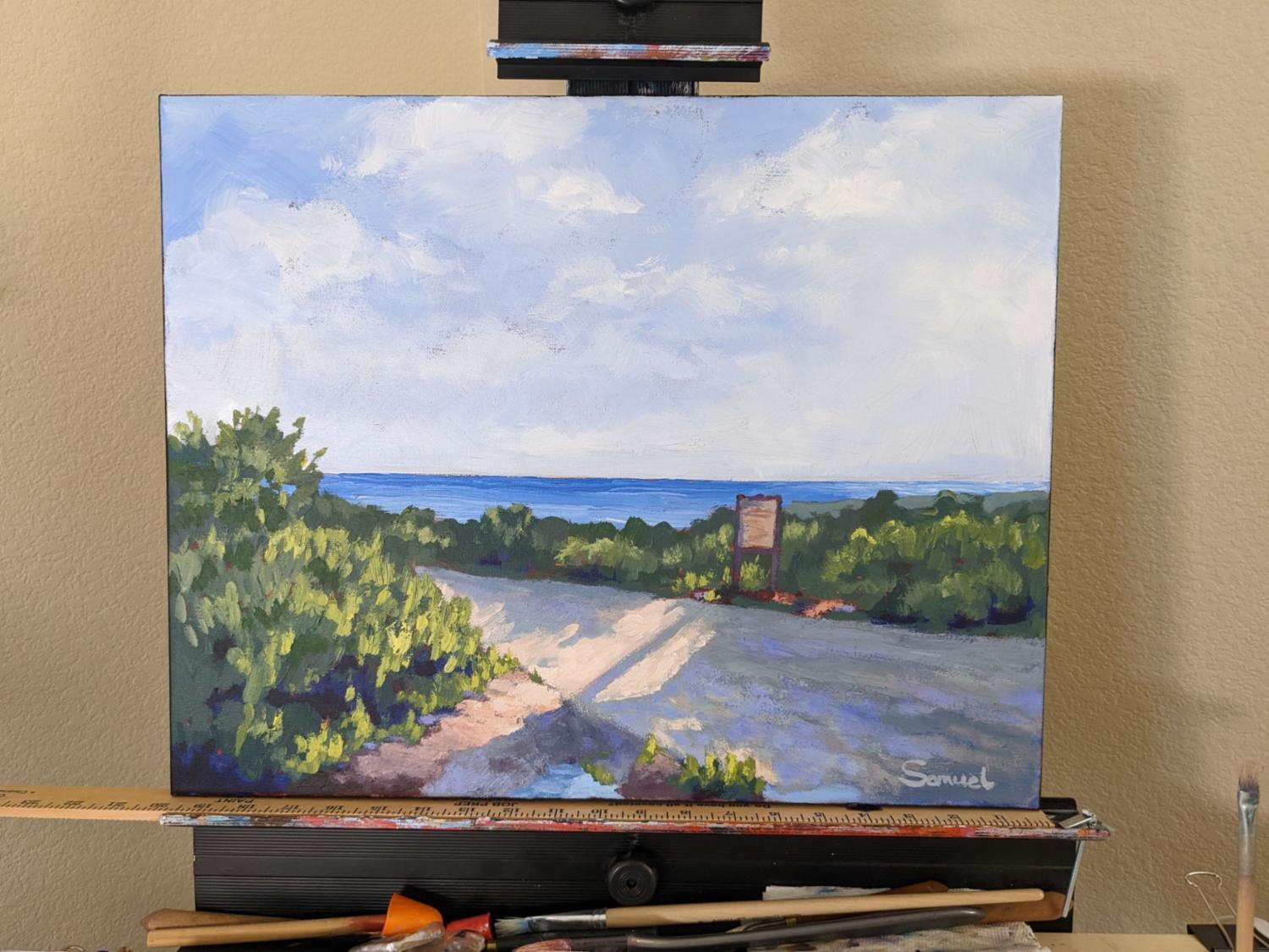 Golden Hour Stroll in Crystal Cove Cliffs, Original Painting - Gray Landscape Painting by Samuel Pretorius