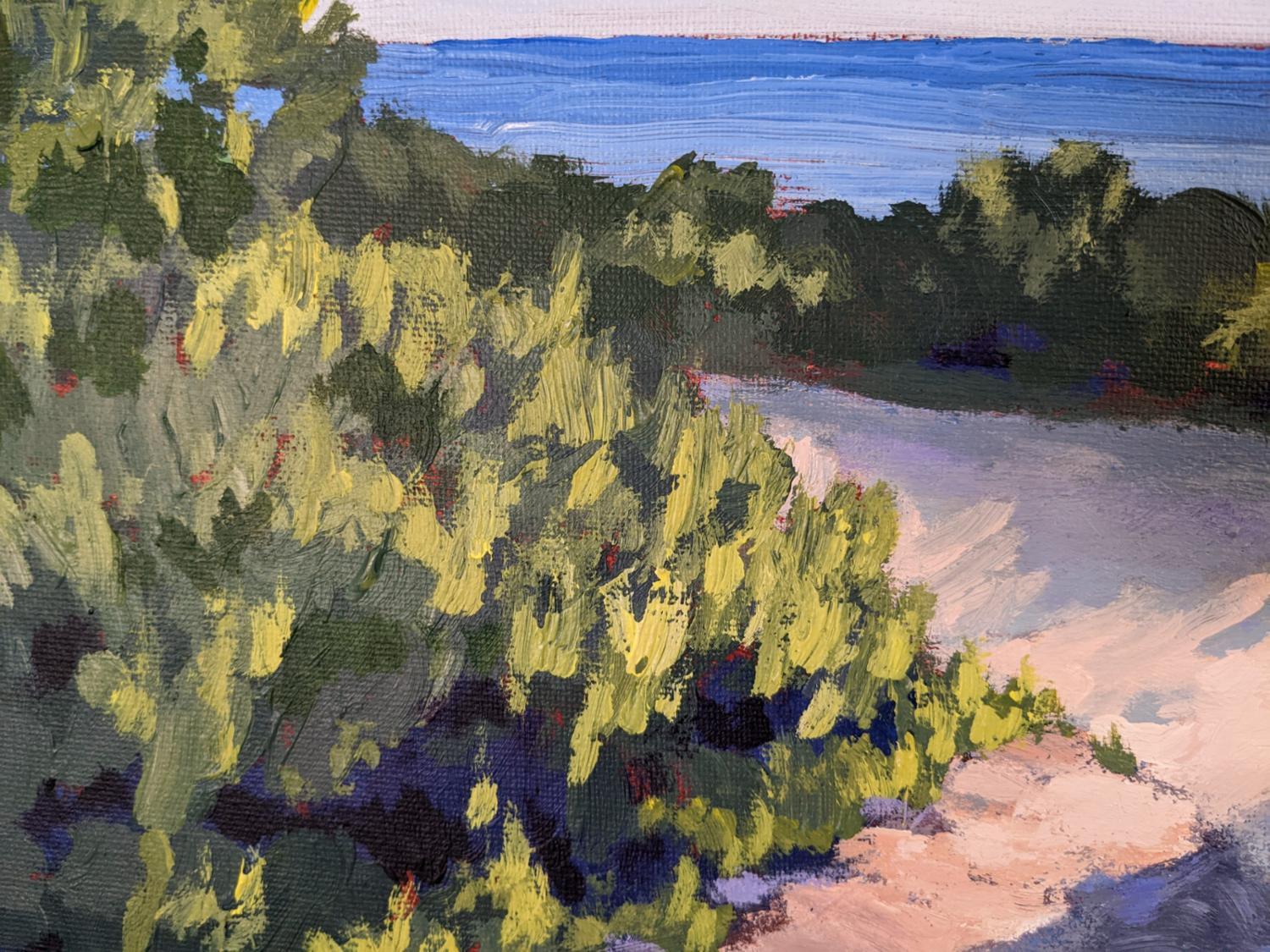 <p>Artist Comments<br />In an impressionistic style, artist Samuel Pretorius paints the golden hour on a lovely California summer's evening. The beautiful view of the sea and the coastal shrubs lays out the scenic panorama. Warm sun rays catch the