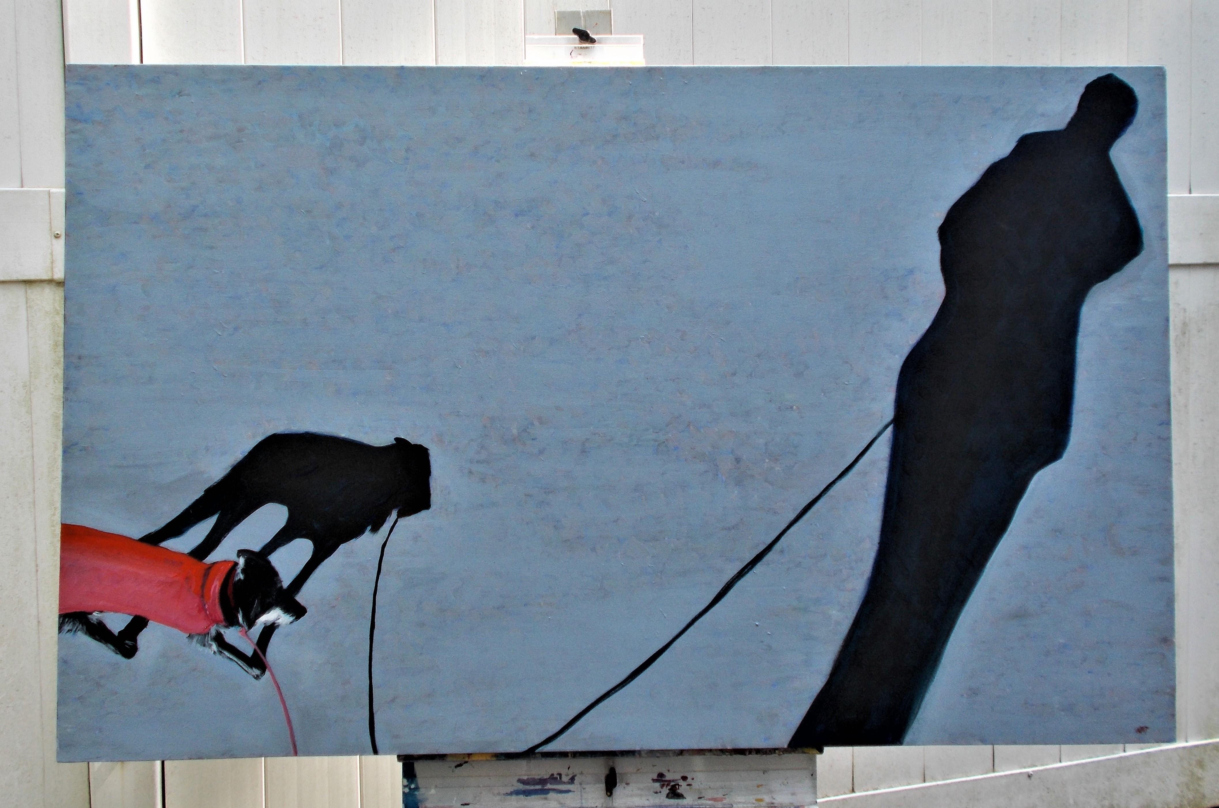 <p>Kommentare des Künstlers<br>Der Künstler Benjamin Thomas malt eine impressionistische Ansicht eines Mannes, der mit seinem Hund spazieren geht und Schatten auf den Bürgersteig wirft. Der Welpe hat einen roten Wintermantel an, als er den