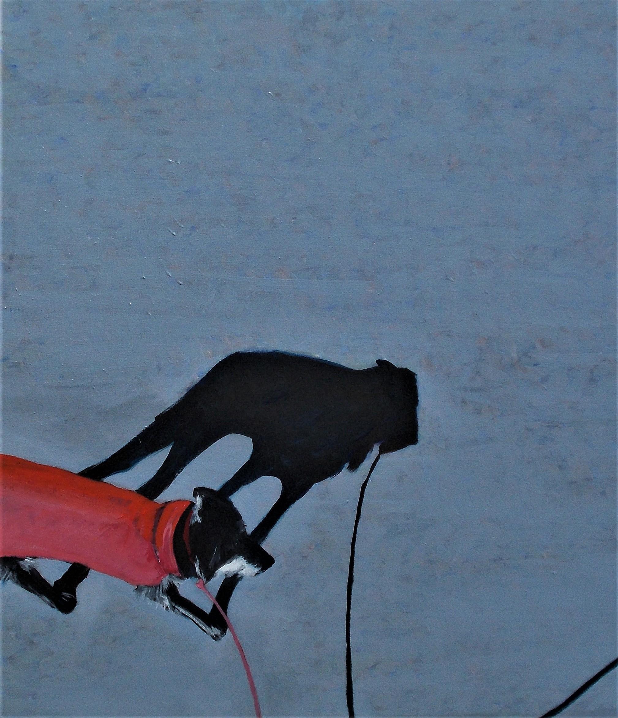 <p>Artist Comments<br>Artist Benjamin Thomas paints an impressionist view of a man walking his dog, casting shadows on the pavement. The pup dons a red winter coat as he treads the snowy path, happy to get home and warm. Bright sunlight defines the