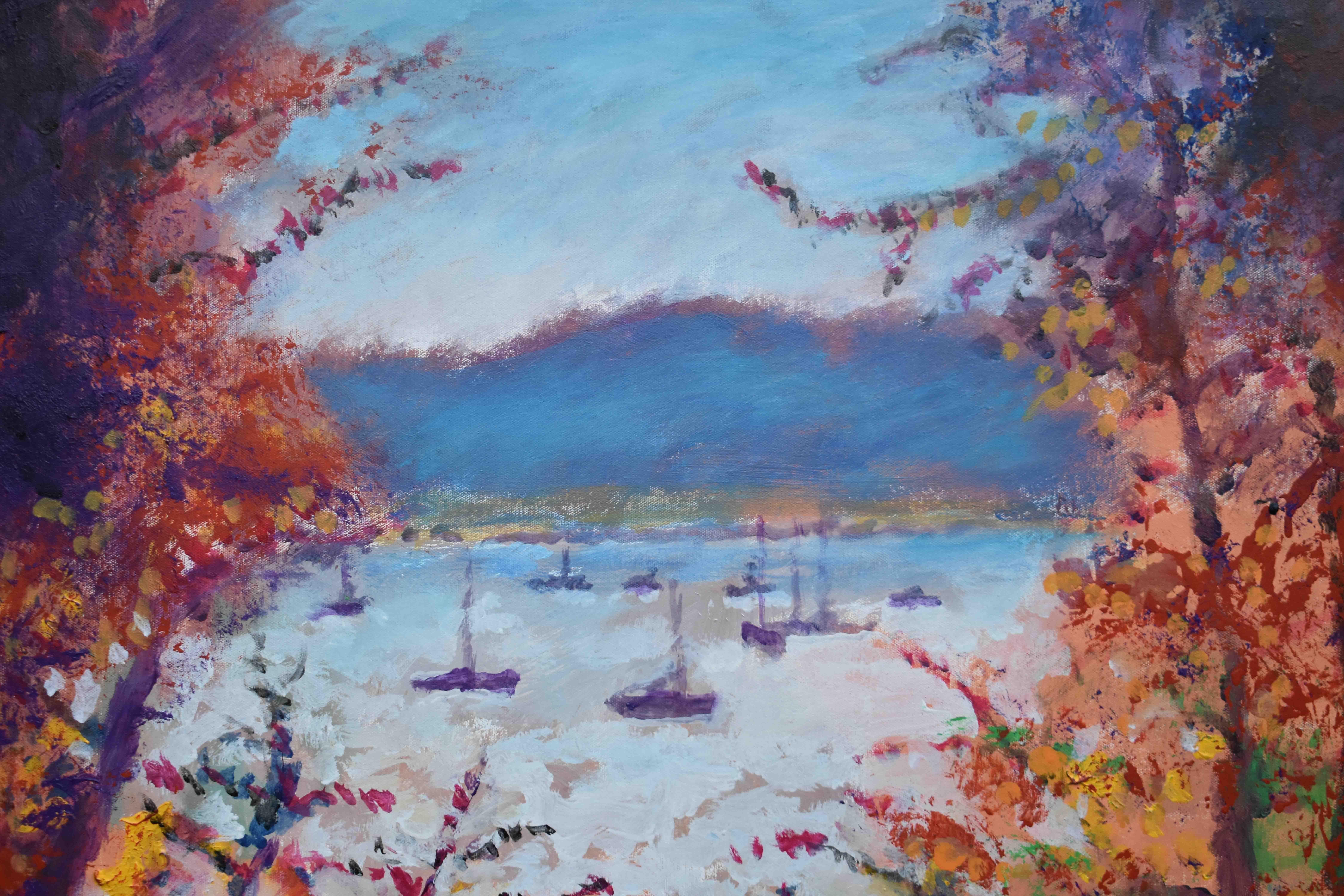 Harbor d'automne, peinture d'origine - Marron Landscape Painting par Kip Decker