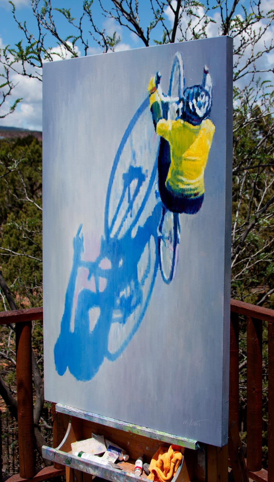 Cyclisme de printemps en jaune, peinture à l'huile - Impressionnisme abstrait Art par Warren Keating