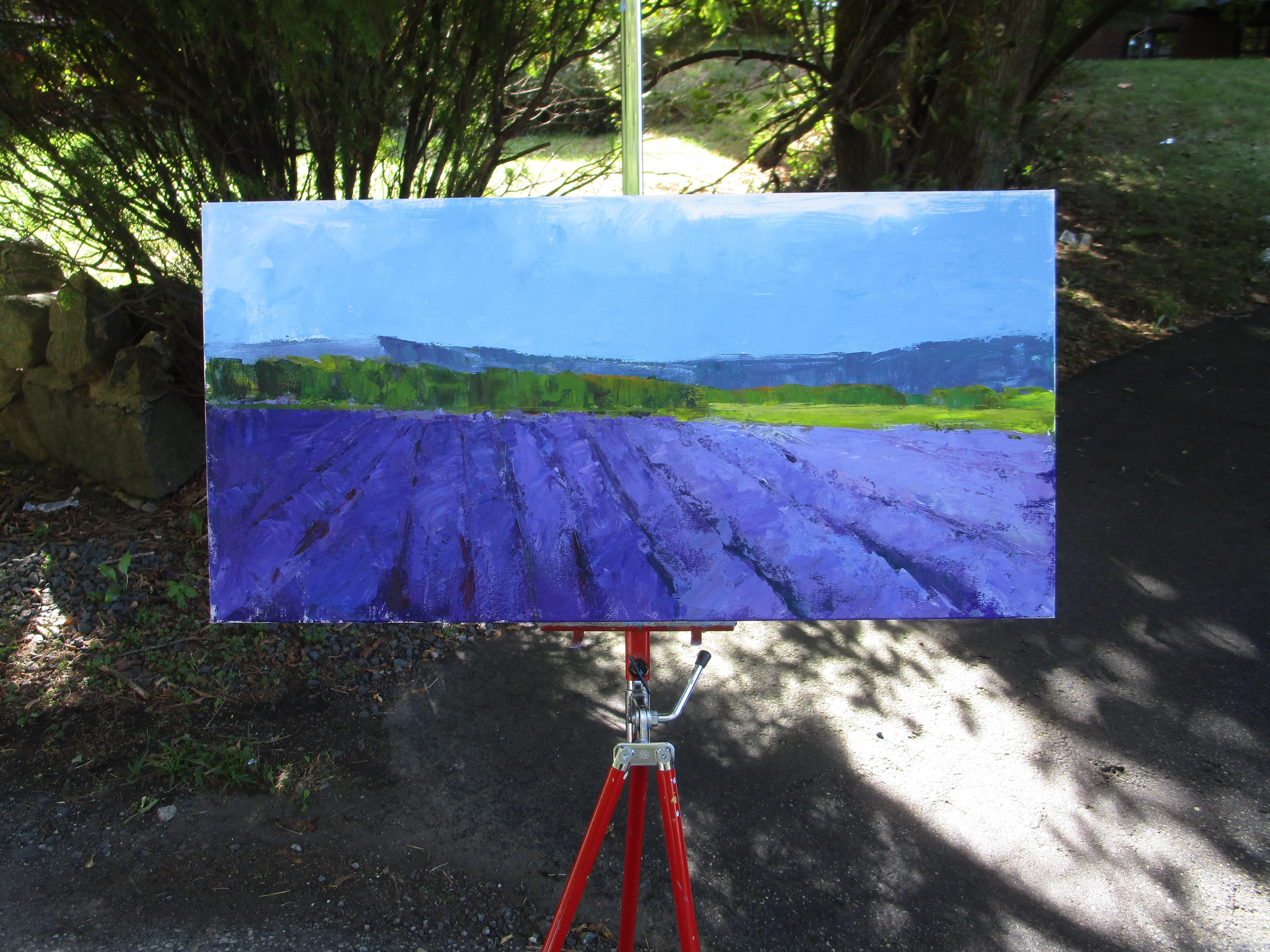 <p>Kommentare des Künstlers<br>Die Künstlerin Janet Dyer malt eine impressionistische Landschaft mit Lavendelfeldern in der Provence, Frankreich. 