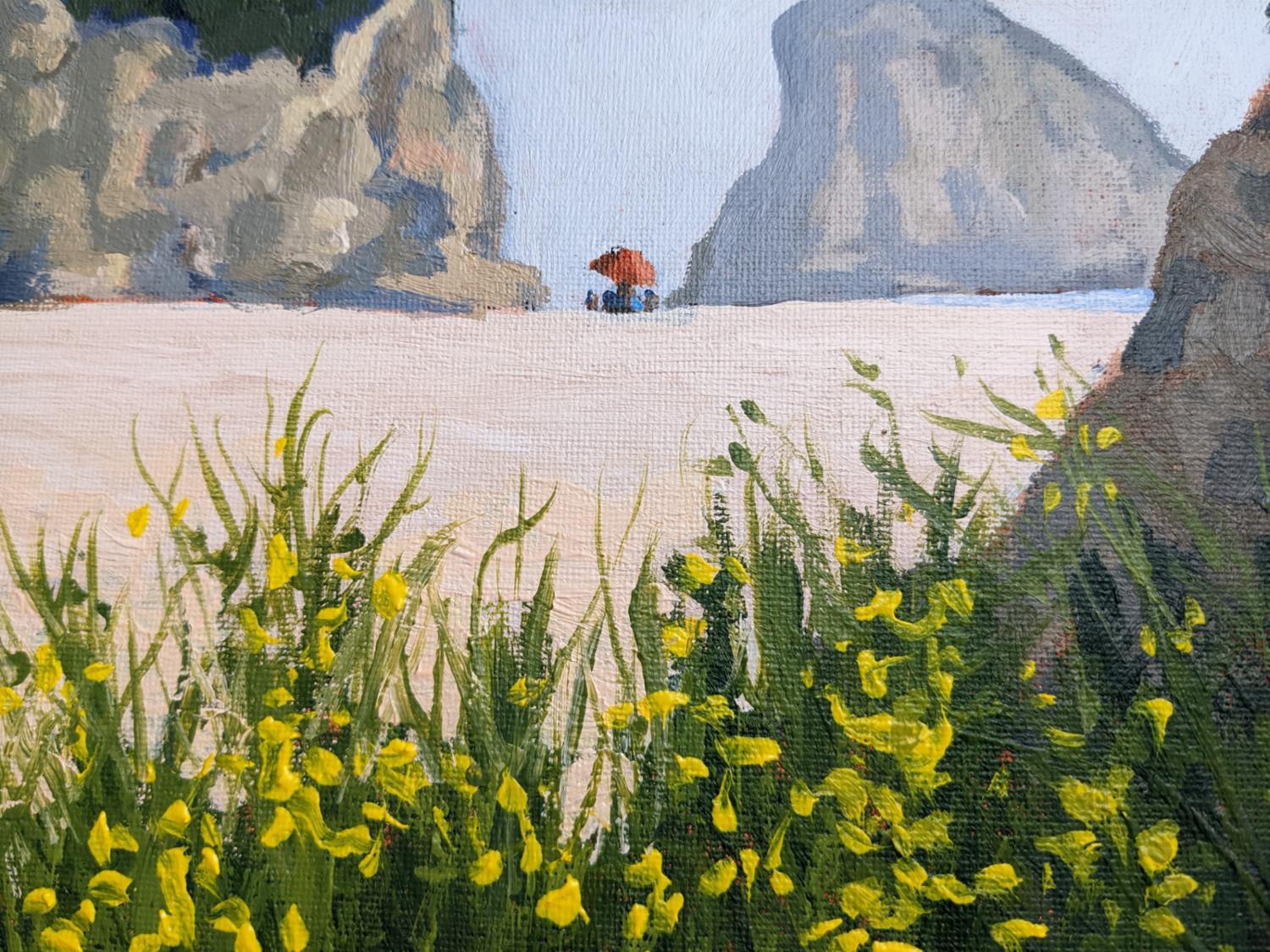 La roccia della pinna di squalo, Santa Cruz, con un'esplosione di fiori gialli, dipinto originale - Landscape Painting Grigio di Samuel Pretorius