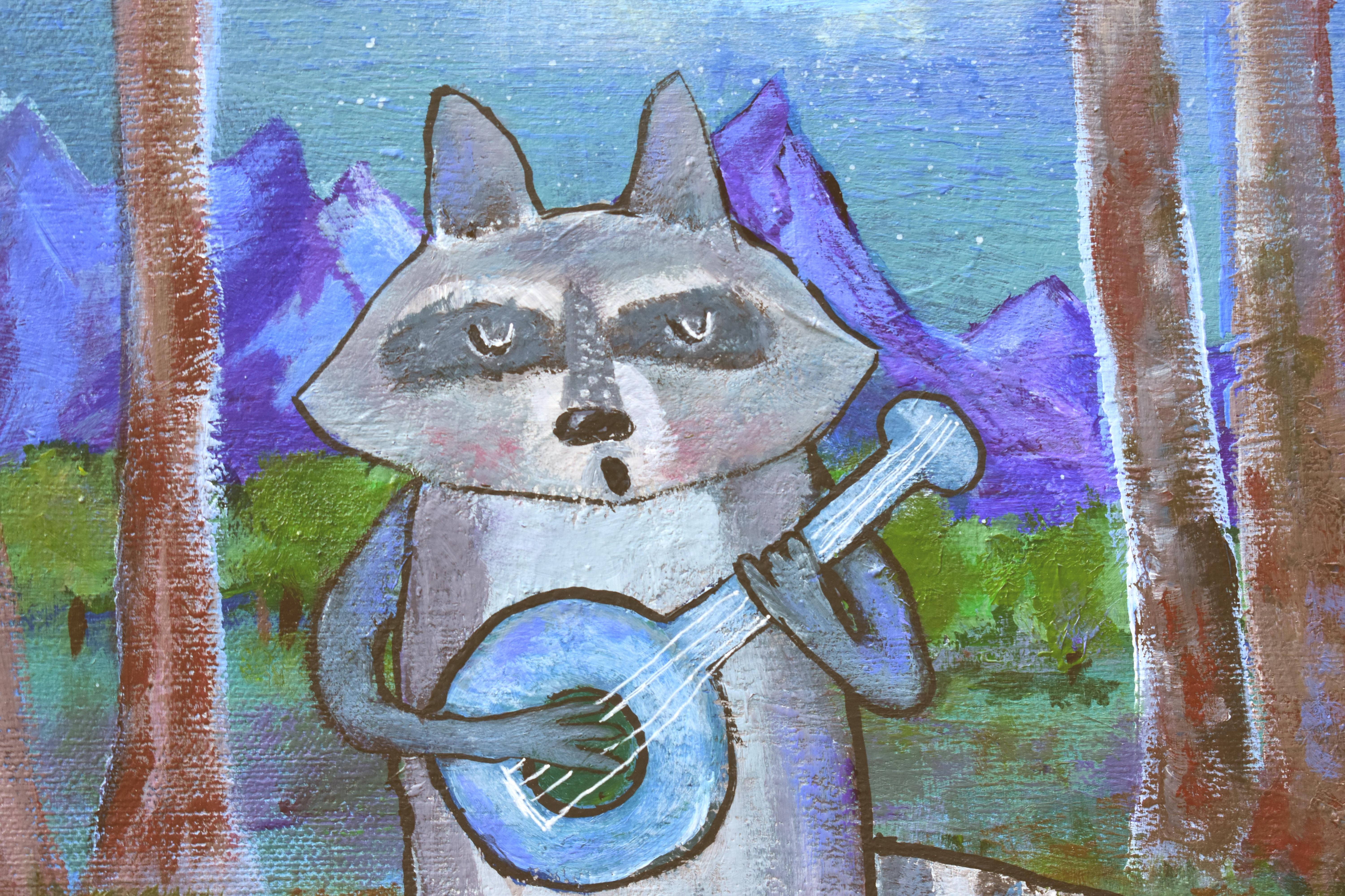 <p>Artist Comments<br>Andrea Doss presents a whimsical fantasy piece of woodland animals playing musical instruments. The pale crescent moon gives a silvery glow as the raccoon, frog, and squirrel serenade at night. 