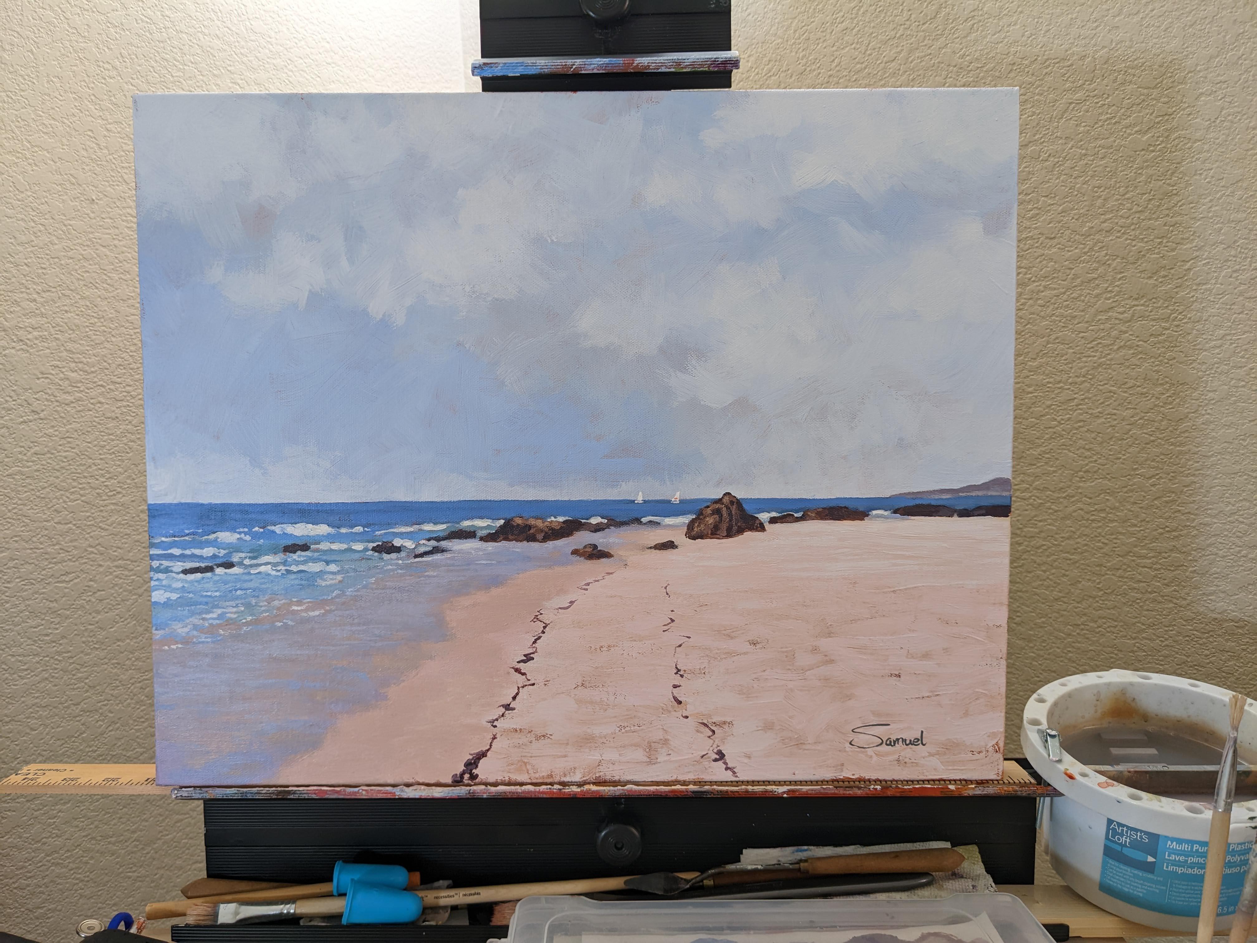 <p>Comentarios del artista<br />El artista Samuel Pretorius retrata un caluroso día de verano en la playa al estilo del impresionismo. Dos veleros navegan a la deriva en la distancia mientras las olas rompen suavemente en la orilla. 