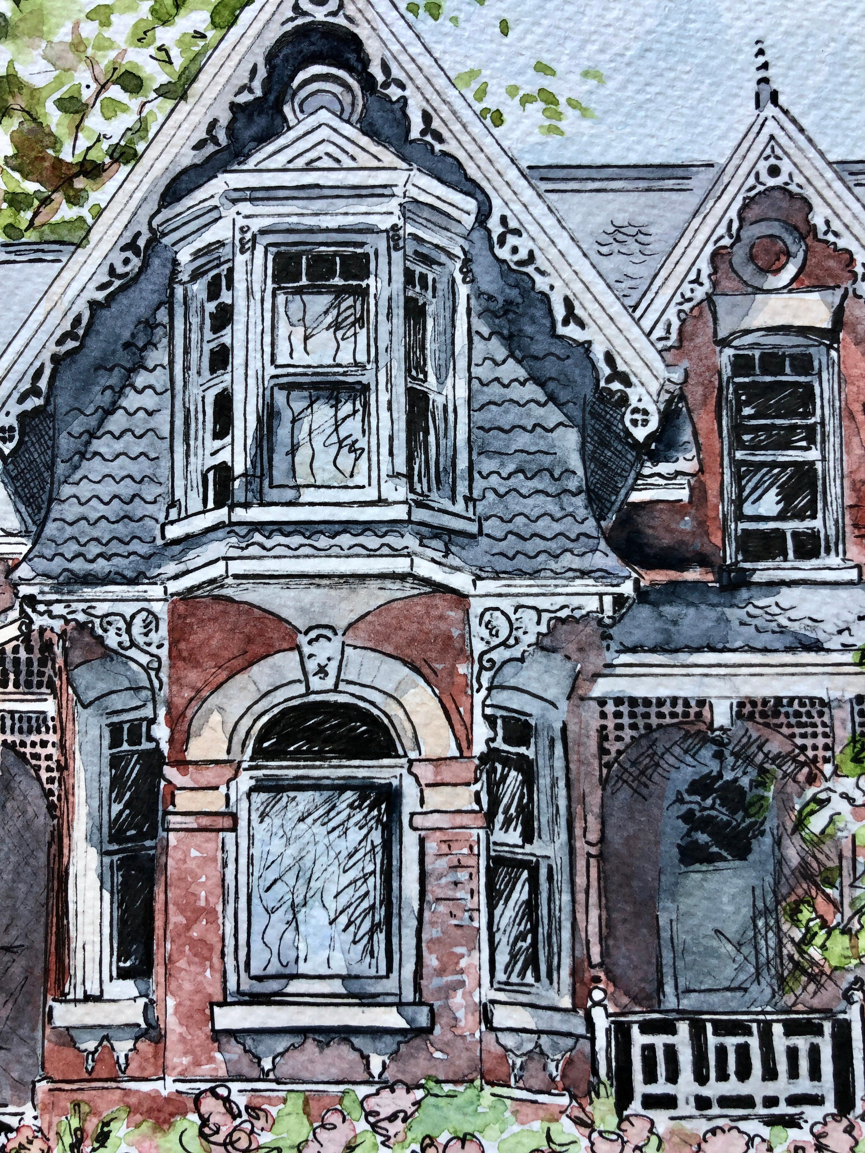 <p>Kommentare des Künstlers<br>Der Künstler Maurice Dionne zeigt ein eingezäuntes Haus im viktorianischen Stil mit einem blühenden Garten. Teil seiner Random-House-Serie, in der er die verschiedenen architektonischen Entwürfe vorstellt, denen er