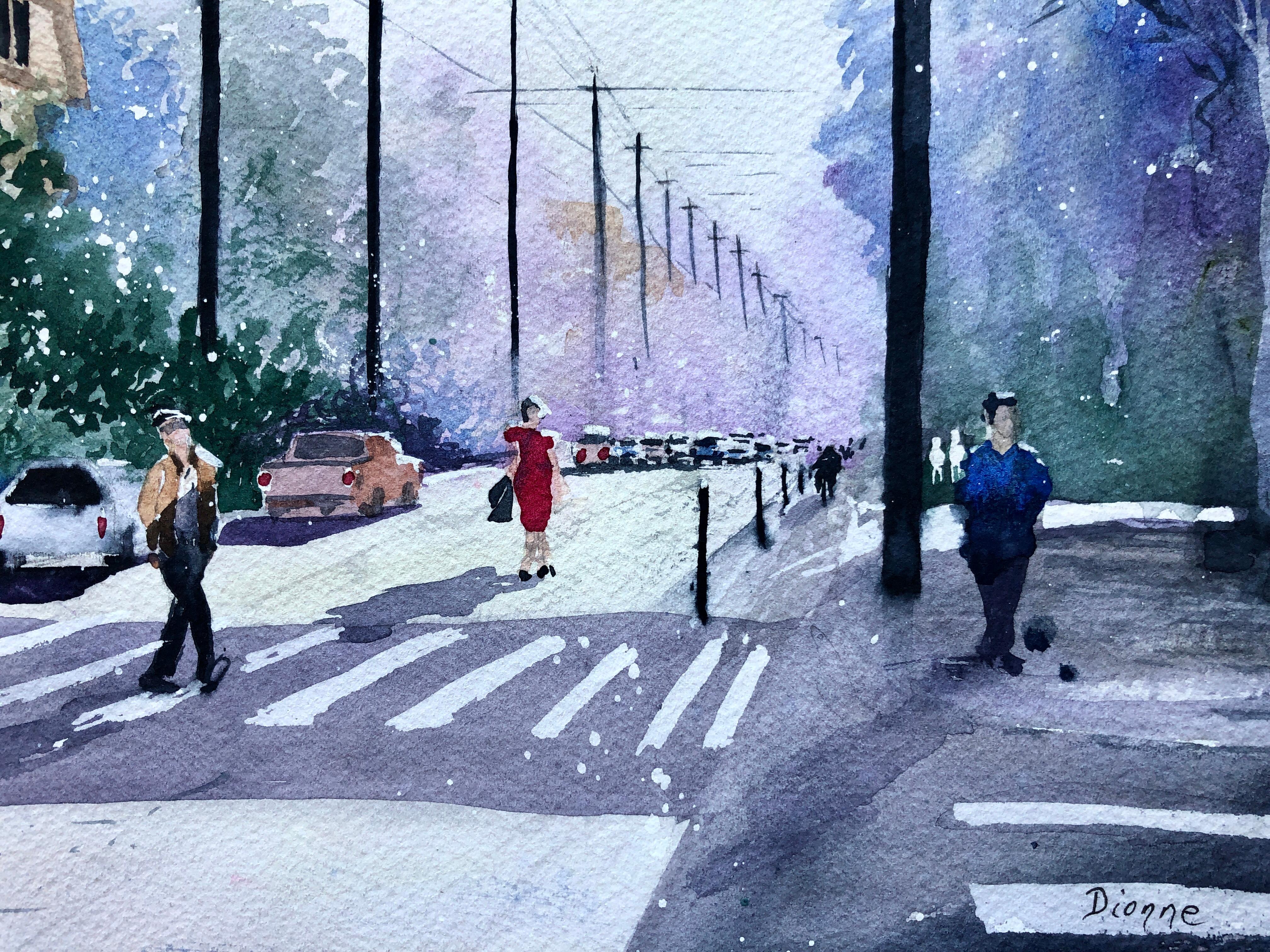 <p>Kommentare des Künstlers<br>Der Künstler Maurice Dionne zeigt eine entspannte Straßenansicht mit impressionistischen Strichen. Die Sonne strahlt gerade dann, wenn die Menschen im Sommer von der Arbeit nach Hause gehen. 