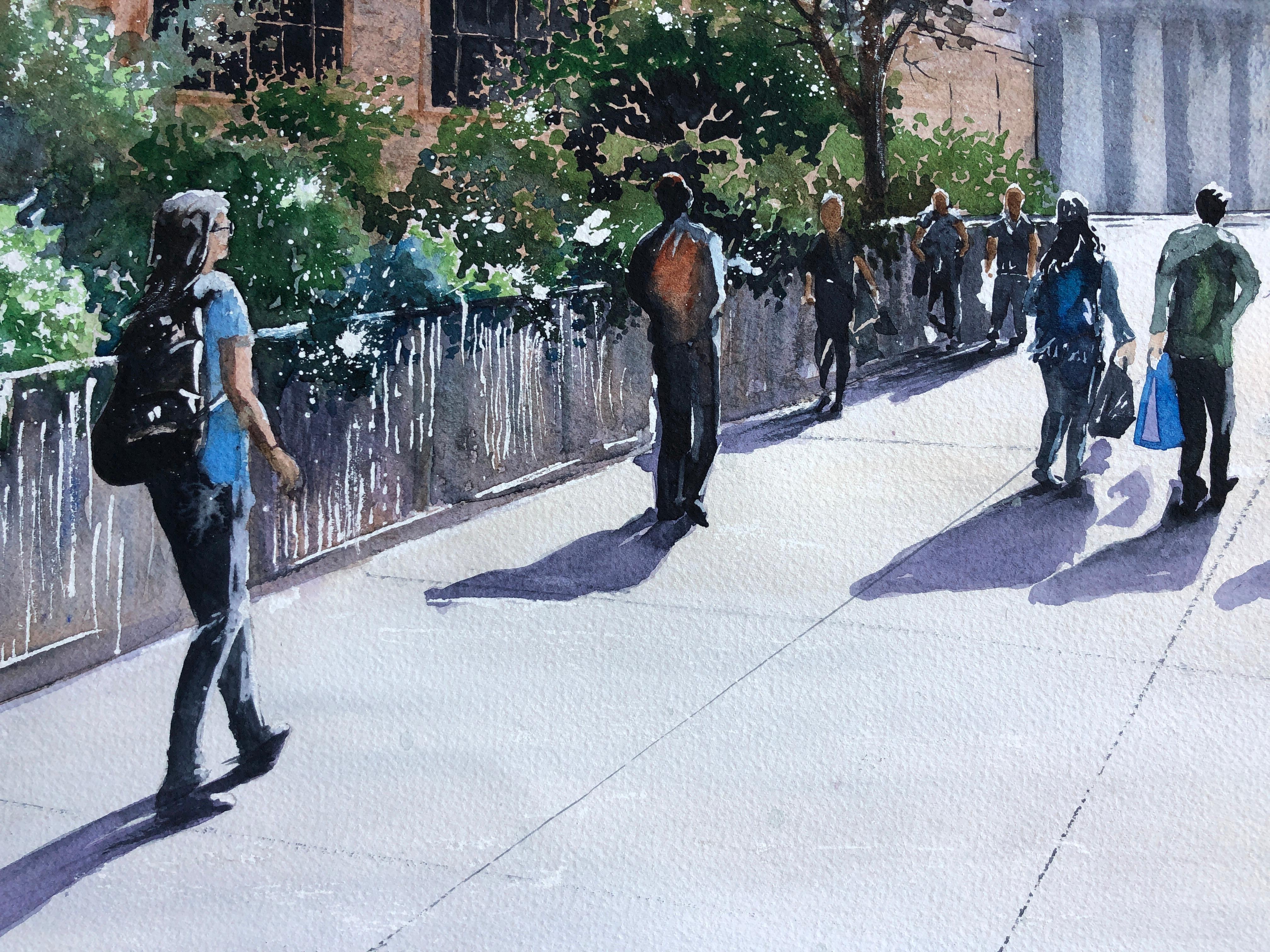 <p>Kommentare des Künstlers<br>Der Künstler Maurice Dionne malt eine städtische Szene mit Menschen, die auf dem Bürgersteig spazieren gehen. Das Stück fängt die Bewegung der mit Paketen beladenen Menschenmenge auf dem Markt in der Innenstadt ein.