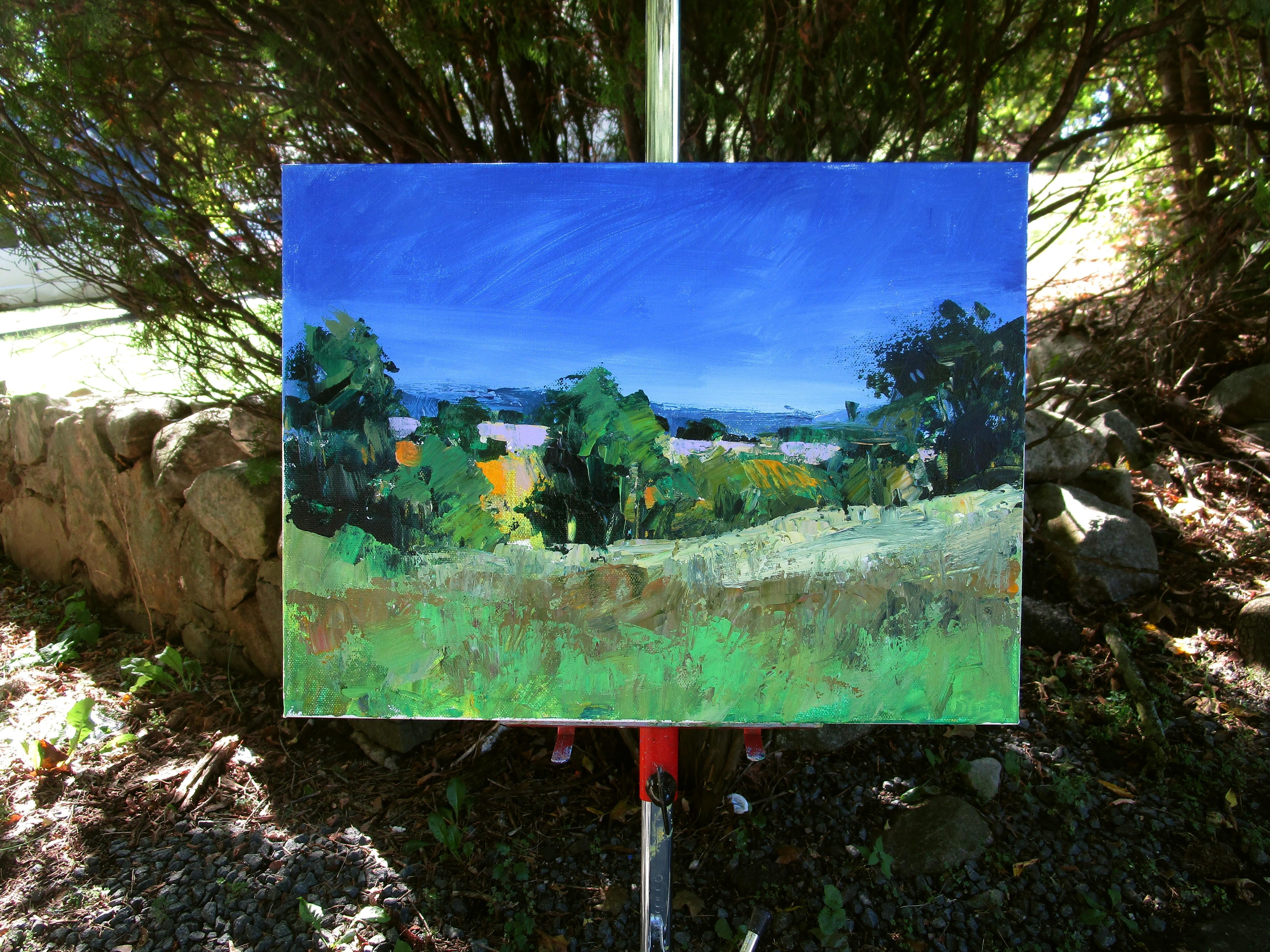 <p>Kommentare des Künstlers<br>Die Künstlerin Janet Dyer zeigt eine impressionistische Landschaft mit üppigen Lavendelfeldern in der Provence, Frankreich. Ausdrucksstarke Striche in kräftigen Grüntönen und ein Hauch von Goldgelb bestimmen das dichte