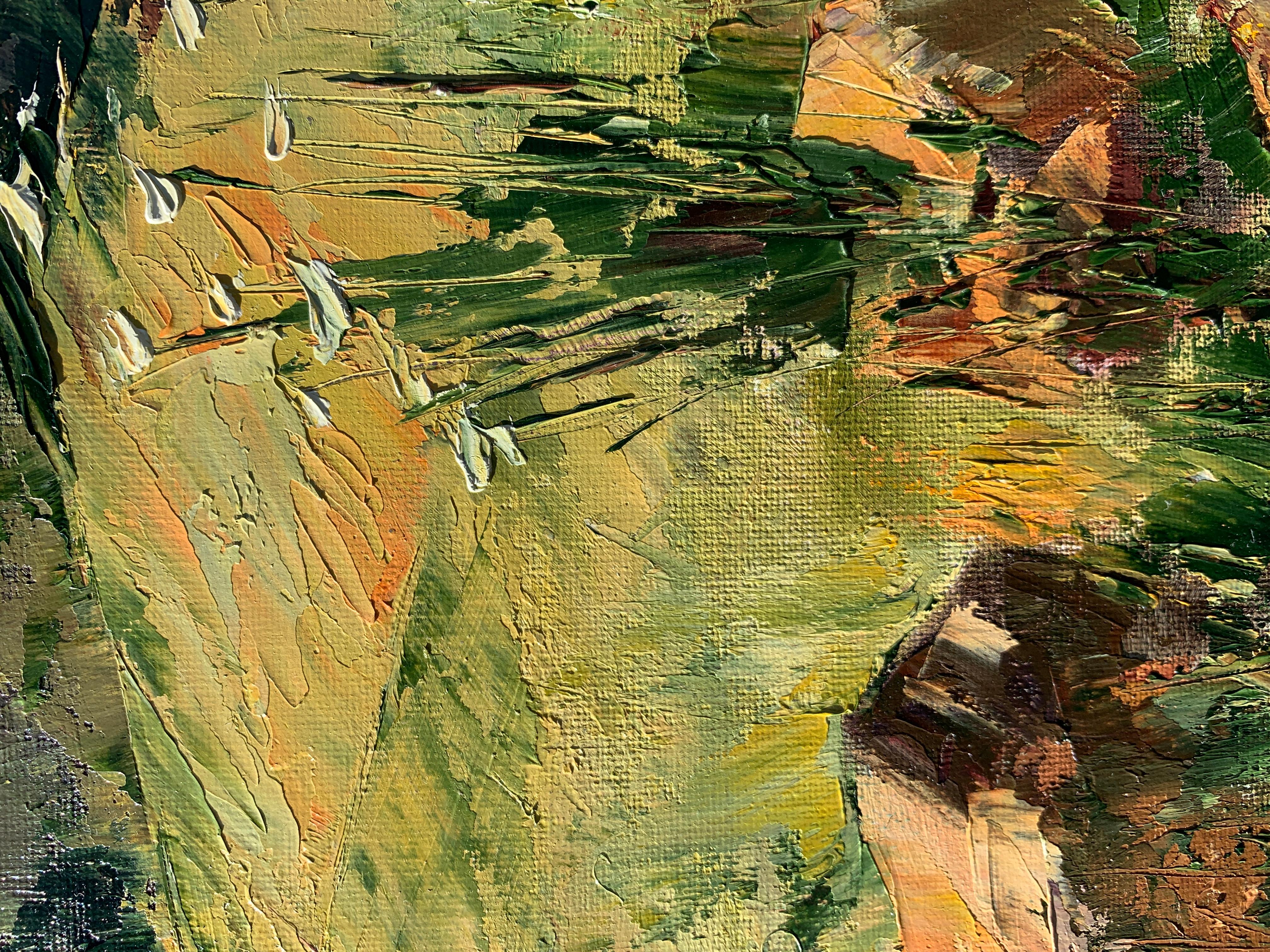 <p>Commentaires de l'artiste<br>L'artiste Paula Martino présente un paysage verdoyant montrant une forêt regorgeant de fleurs sauvages. Les rochers et les hautes herbes au premier plan encadrent la prairie vallonnée au-delà. Peinte à l'aide d'un