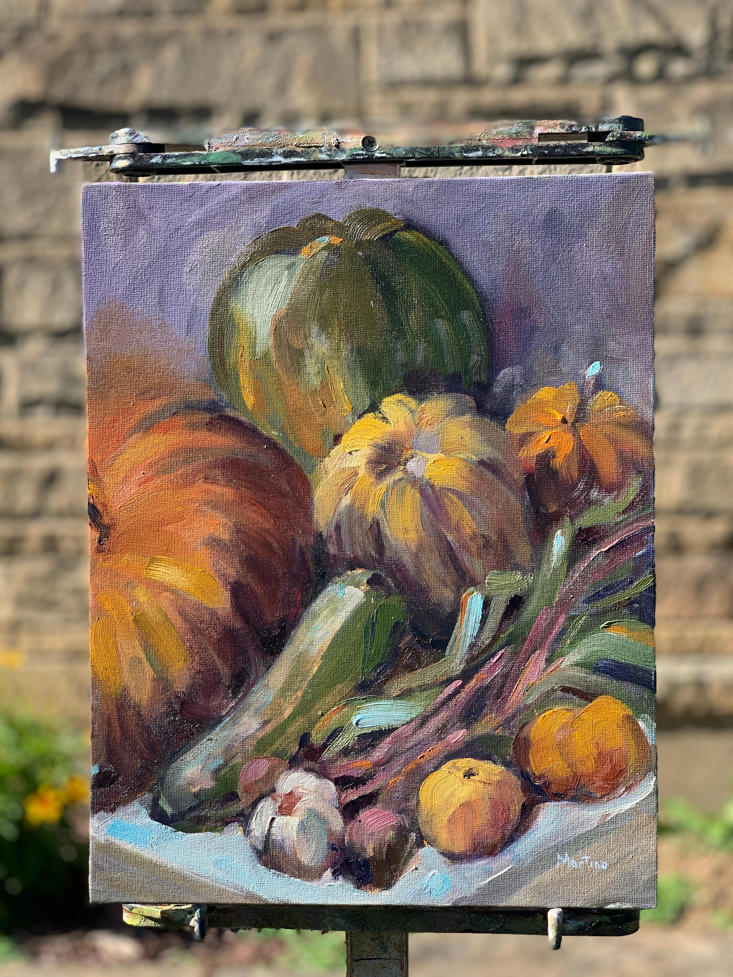 <p>Artist Comments<br>Artist Paula Martino demonstrates an impressionist still life of fall harvest and other vegetables on a white cloth. Paula paints the rustic piece with a hog hair brush with large, bold strokes to achieve a moderate balance of