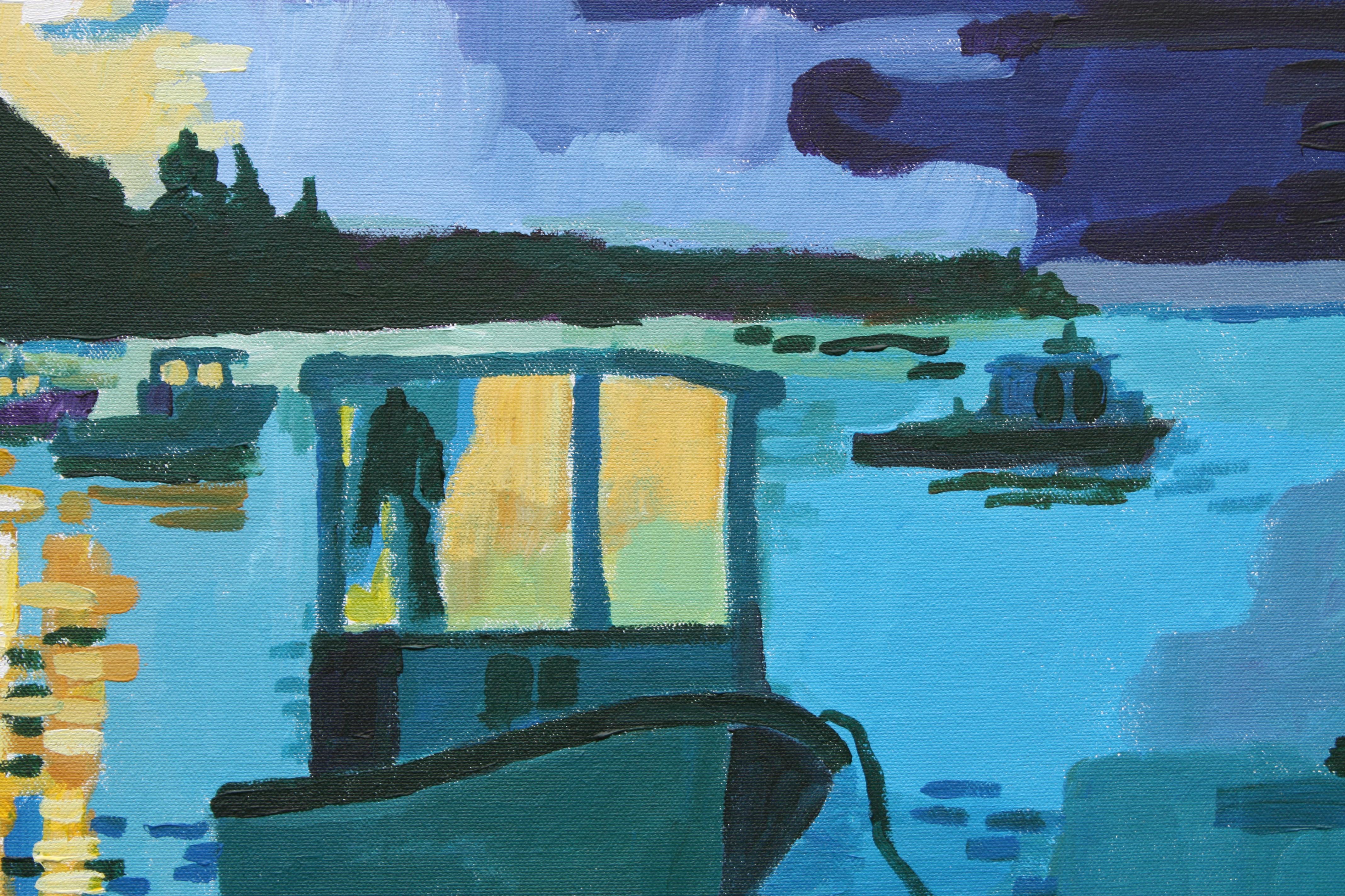 <p>Artist Comments<br>Artist Robert Hofherr displays a simplified view of Maine workboats using a very limited palette and expressionist paint handling. He creates a moody and compelling image of the harbor as the last rays of light recede. The