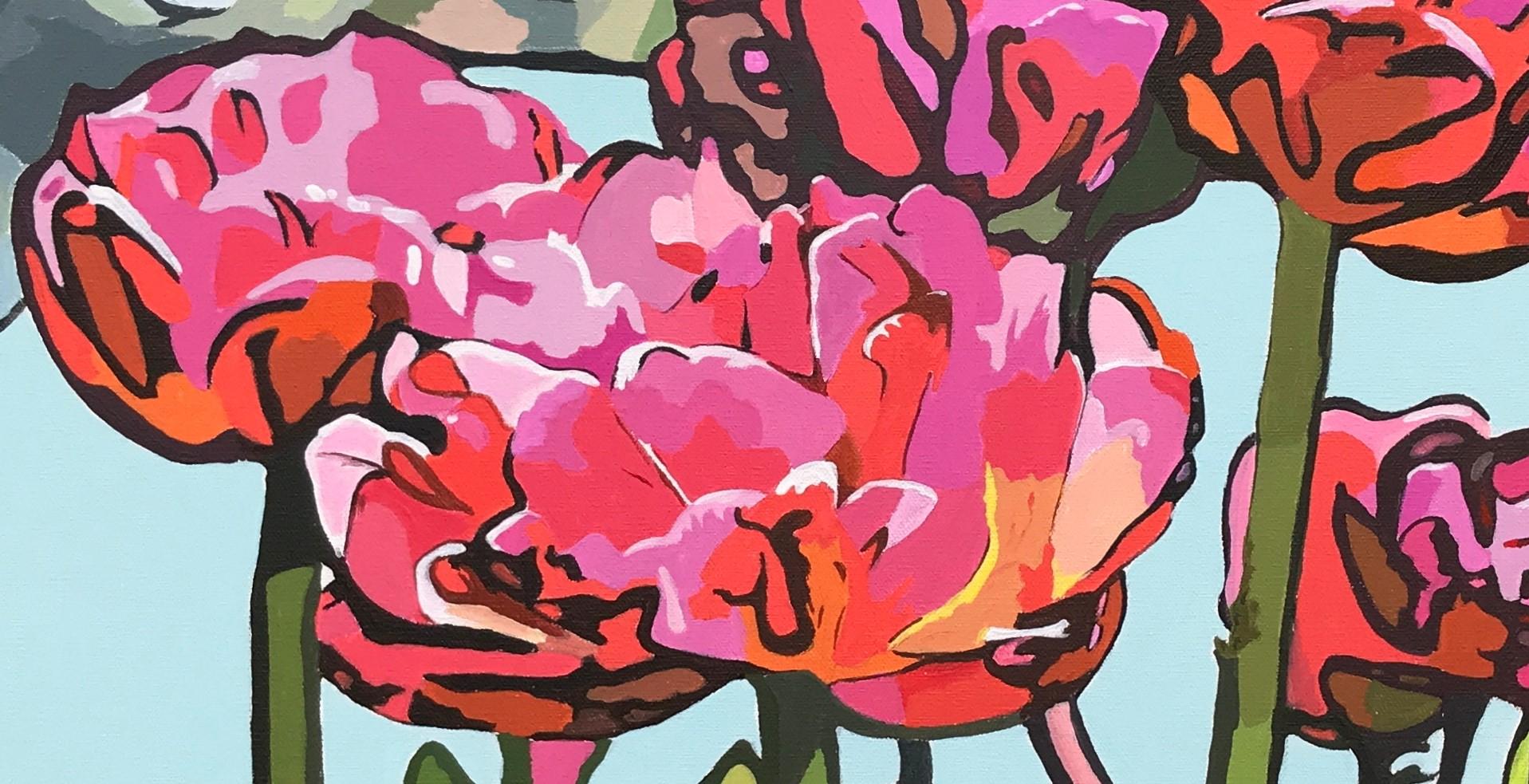 <p>Kommentare des Künstlers<br>Ein prächtiges Tulpenbeet steht in der bezaubernden Blumenszene des Künstlers John Jaster in voller Blüte. An den Enden der langen grünen Stängel blühen Knospen in tiefen Rot- und Rosatönen. Die Stauden stehen hoch und