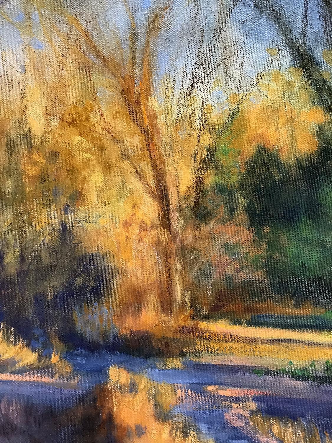<p>Kommentare des Künstlers<br>Die Künstlerin Elizabeth Garat malt einen verführerischen, leeren Wald im Hinterhof, der in den goldenen Sonnenuntergang getaucht ist. Das knackige Herbstlaub verwandelt das Gelände in ein leuchtendes Braun, das Wärme