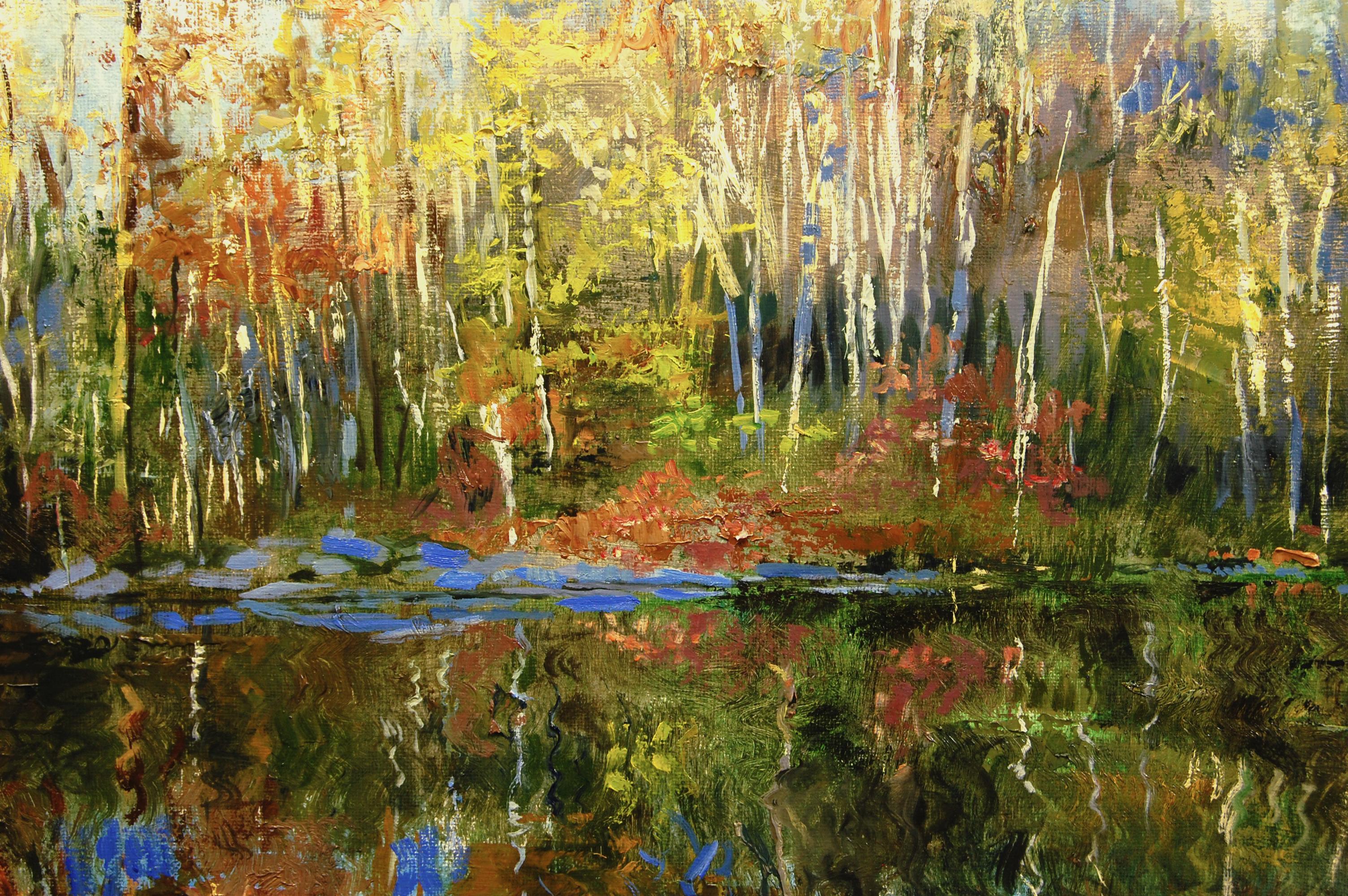 <p>Artist Comments<br>In an ode to his favorite kayak spot near his home, artist Onelio Marrero presents a  tranquil view of a forest river. He depicts the crisp fall temperature in the air, palpable to the viewer. The warm autumn foliage of golden