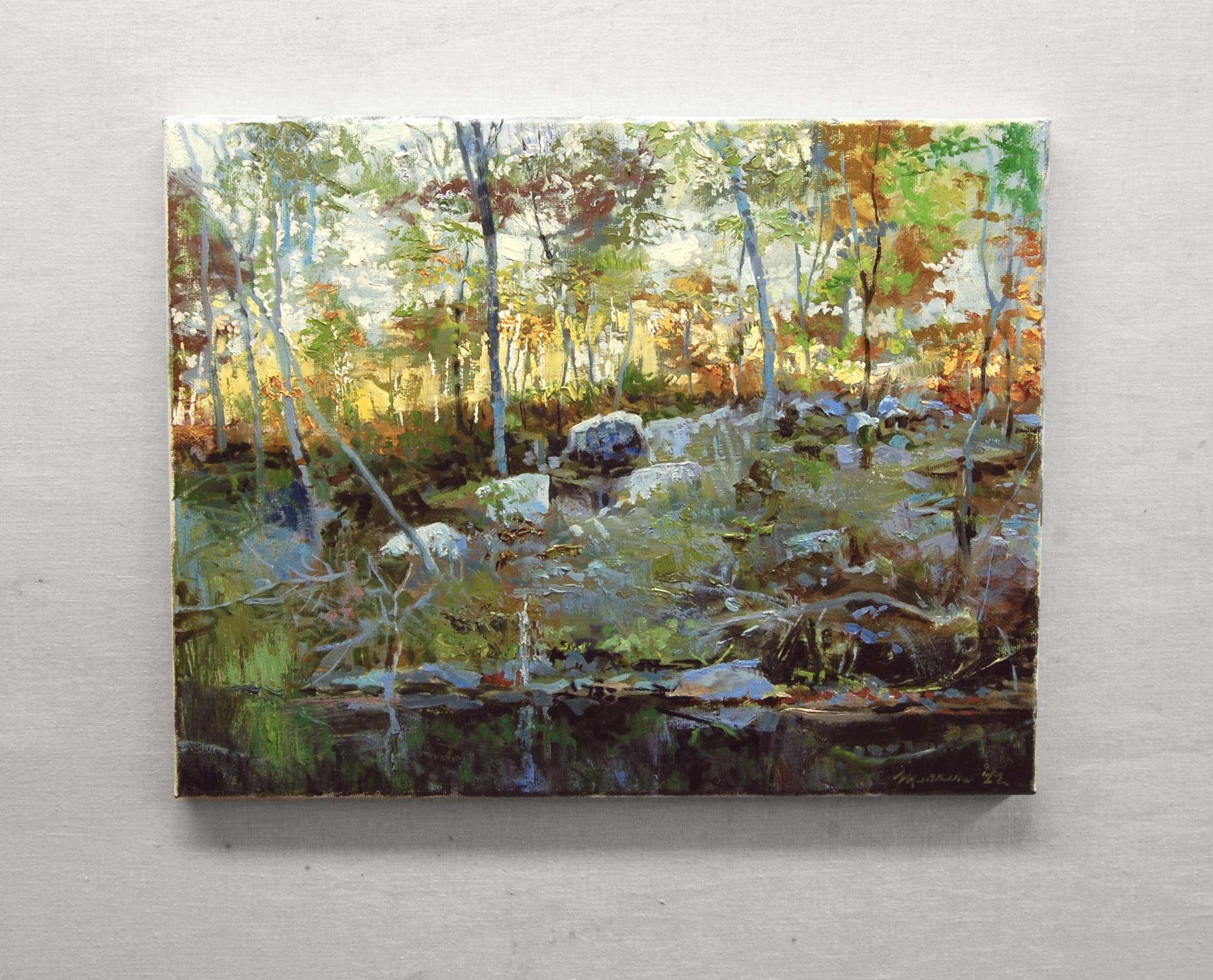 <p>Artist Comments<br>Artist Onelio Marrero paints a portion of a woodland river, referencing his favorite spot near his home. Combinations of robust strokes and palette knife application depict the nuances of color in the early morning light.