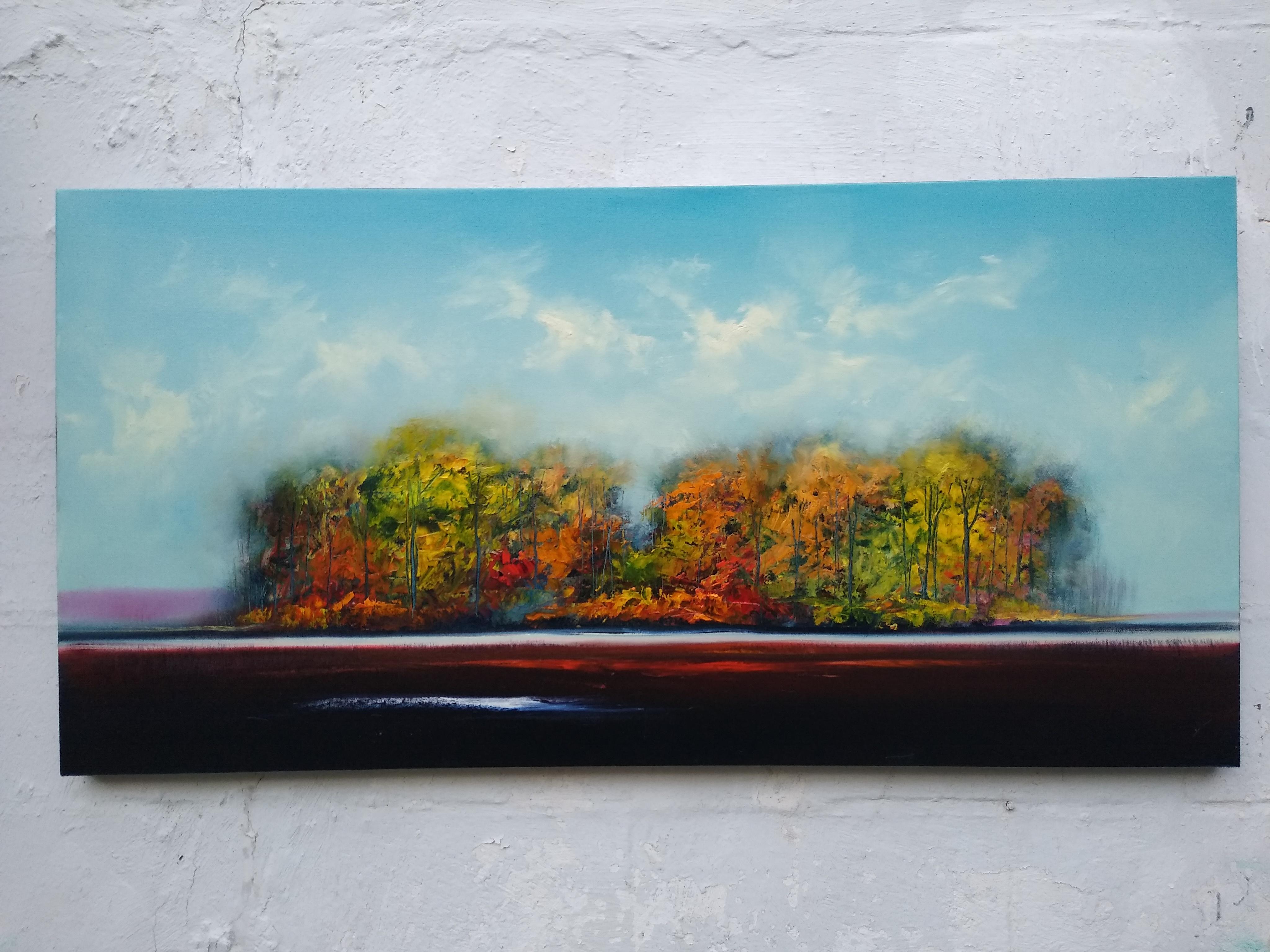 <p>Commentaires de l'artiste<br />De magnifiques arbres d'automne s'épanouissent dans le paysage serein de l'artiste George Peebles. Des teintes orange rayonnantes envahissent le feuillage vert lorsque la saison bascule doucement mais radicalement