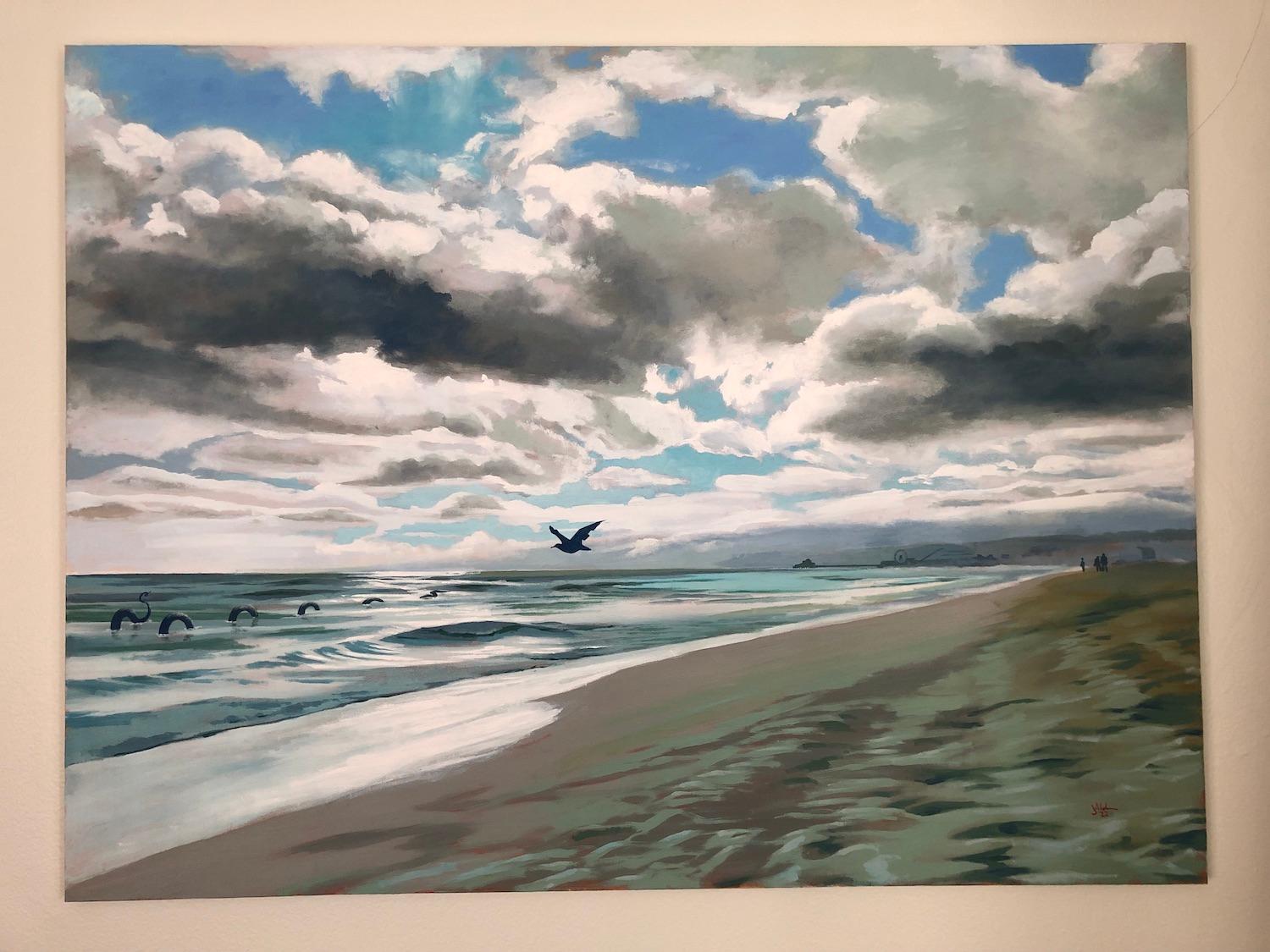 <p>Commentaires de l'artiste<br>L'artiste Jesse Aldana peint un paysage marin de rêve avec un invité accidentel surpris en train de nager en arrière-plan. 