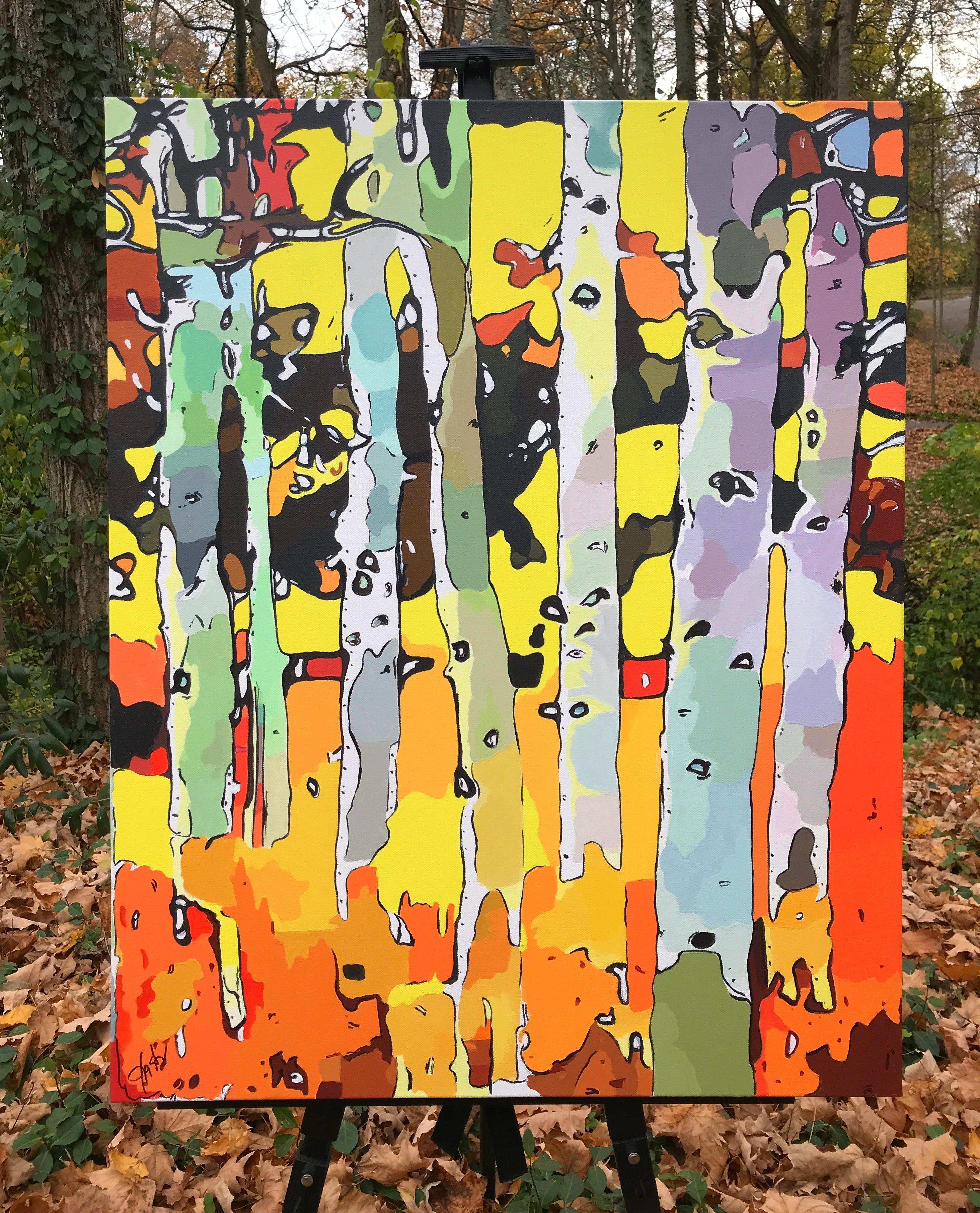 <p>Artist Comments<br>Artist John Jaster displays a forest with tall aspens rendered in a playfully abstract style. Bold shades of yellow, orange and red suggest a warm autumn day in the woods. In his process, John creates stunning color