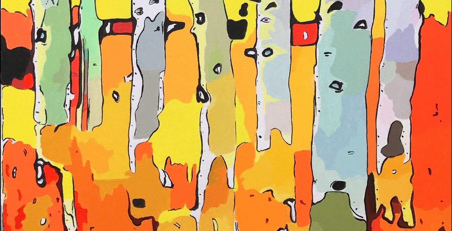 <p>Kommentare des Künstlers<br>Der Künstler John Jaster zeigt einen Wald mit hohen Espen, die in einem spielerisch abstrakten Stil dargestellt sind. Kräftige Gelb-, Orange- und Rottöne erinnern an einen warmen Herbsttag im Wald. In seinem Prozess