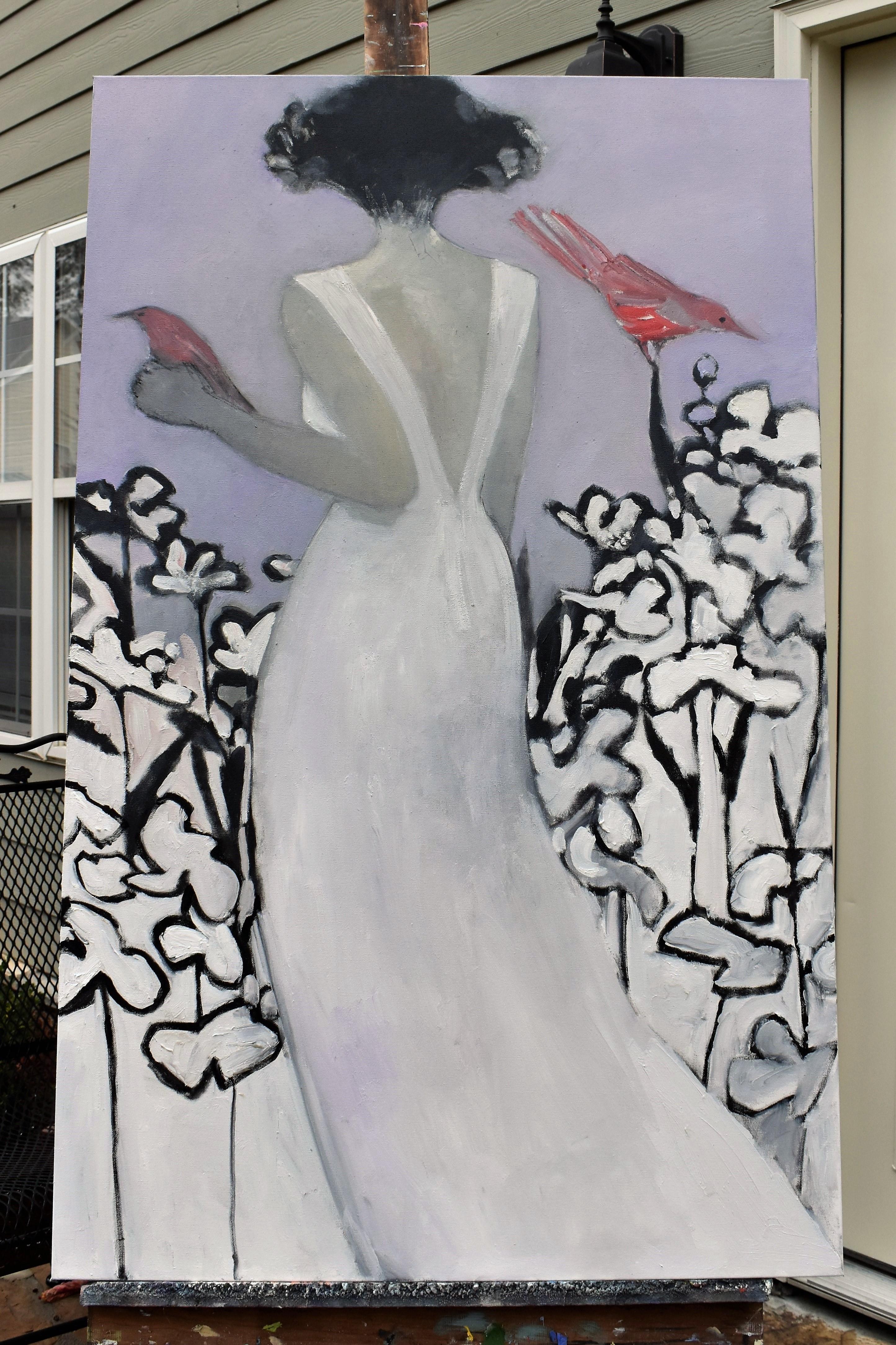 <p>Commentaires de l'artiste<br>Nichée dans le motif d'un lit floral abstrait, une femme se promène dans le jardin avec un oiseau perché sur sa main. L'artiste Mary Pratt présente une peinture figurative de son sujet portant une robe blanche fluide