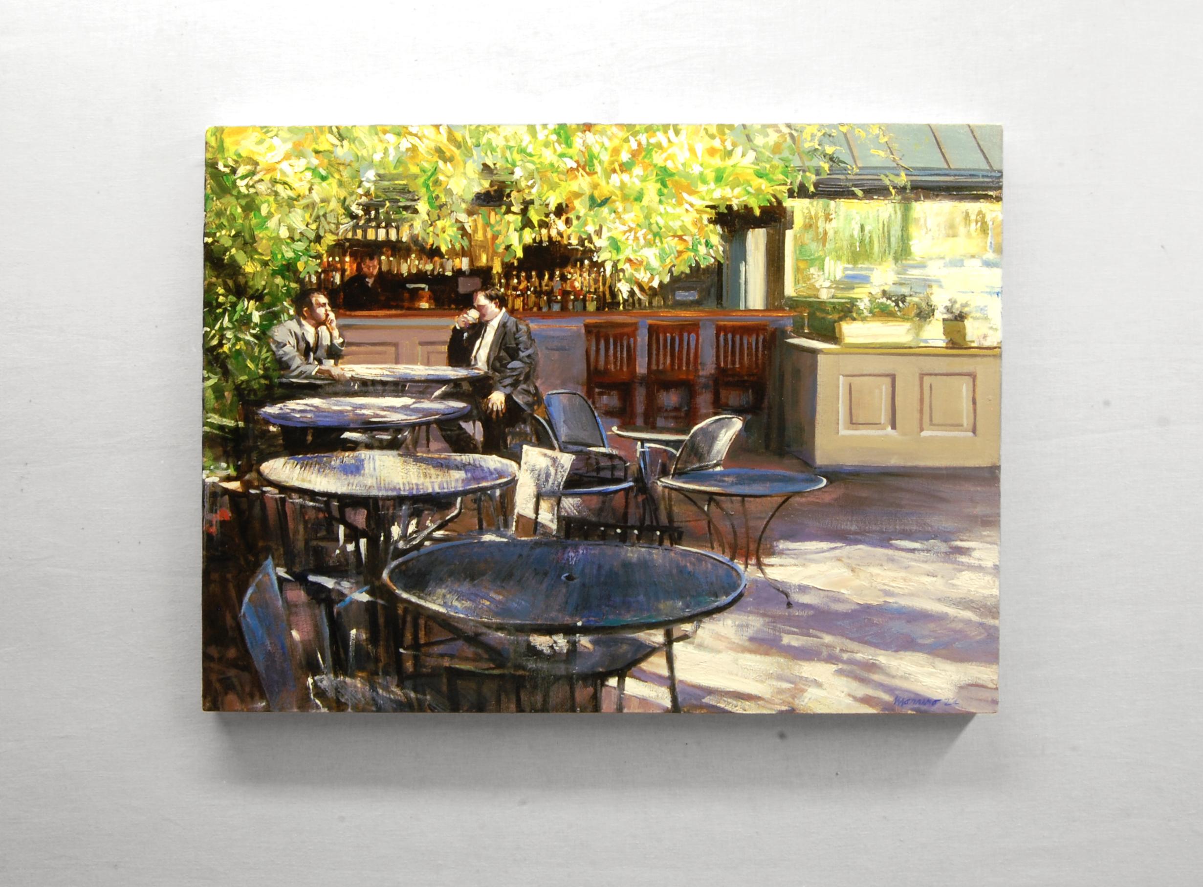 <p>Artist Comments<br>Artist Onelio Marrero depicts two men dining al fresco at an outdoor tavern in Manhattan. He paints the piece based on his studies of the Central Park Boathouse Restaurant, the only lakeside dining establishment in the city.