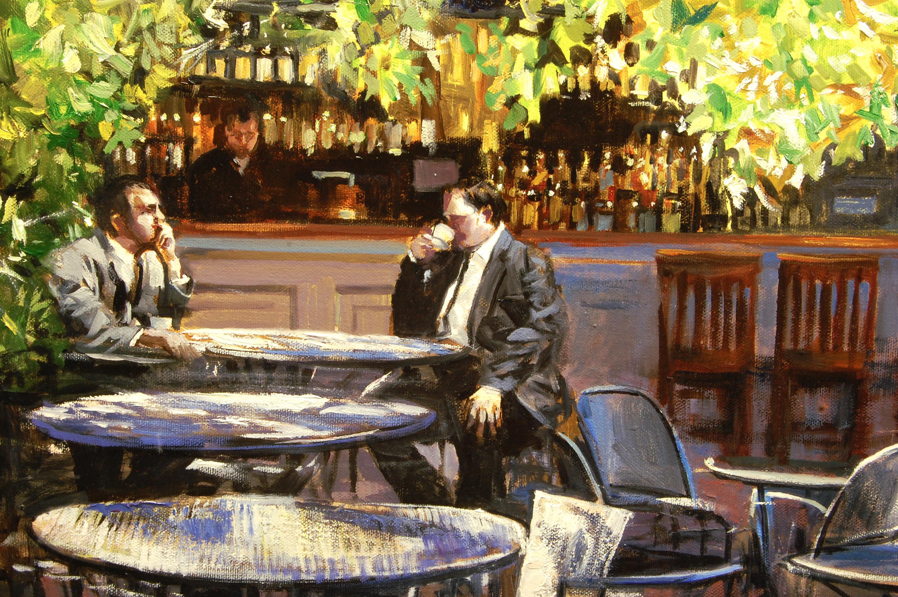 <p>Commentaires de l'artiste<br>L'artiste Onelio Marrero représente deux hommes dînant al fresco dans une taverne en plein air à Manhattan. Il peint l'œuvre en se basant sur ses études du Central Park Boathouse Restaurant, le seul établissement de